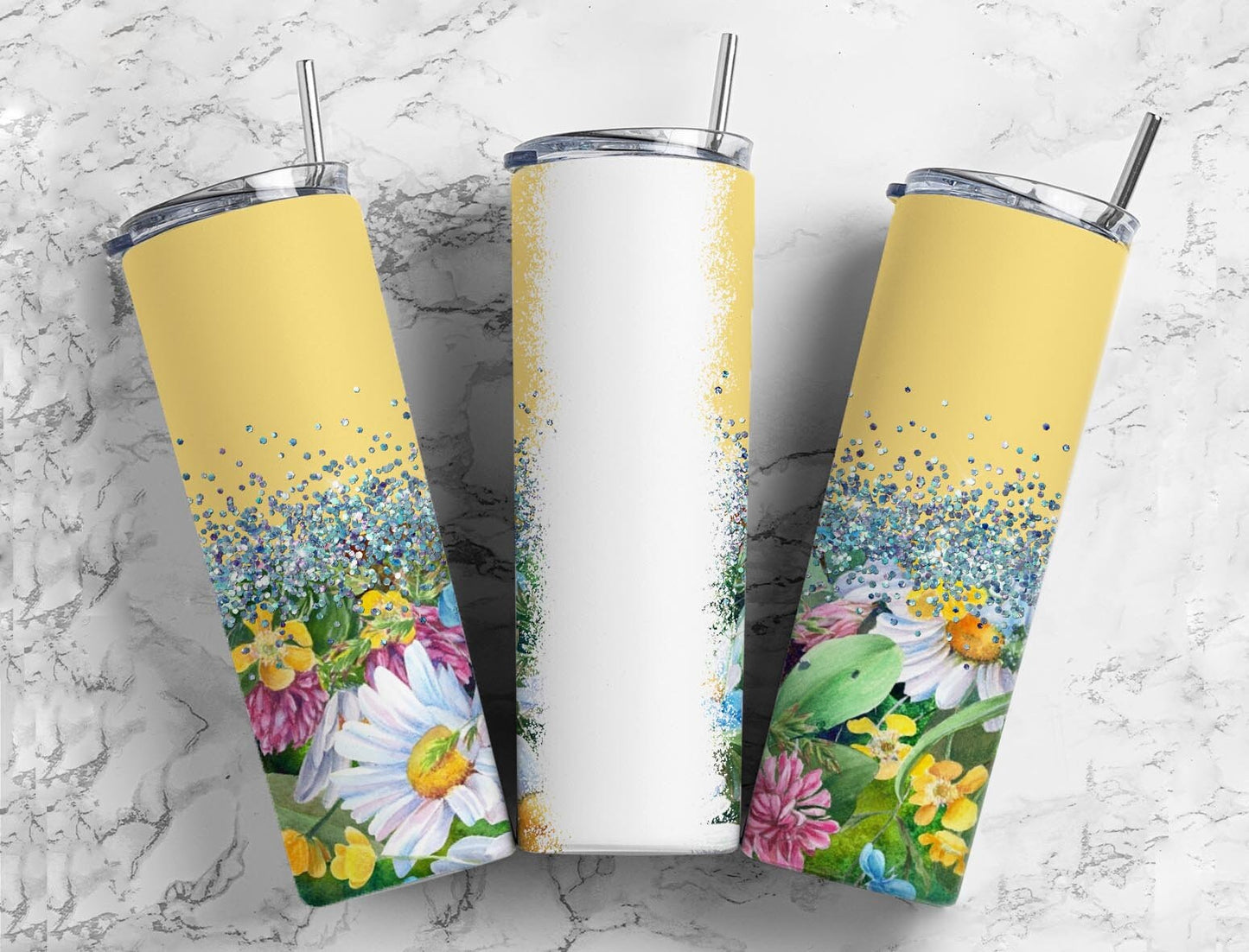 Botanical Flower 20oz Sublimation Tumbler Designs, Iridescent Glitter Yellow 9.2 x 8.3” Straight Skinny Tumbler, PNGp99