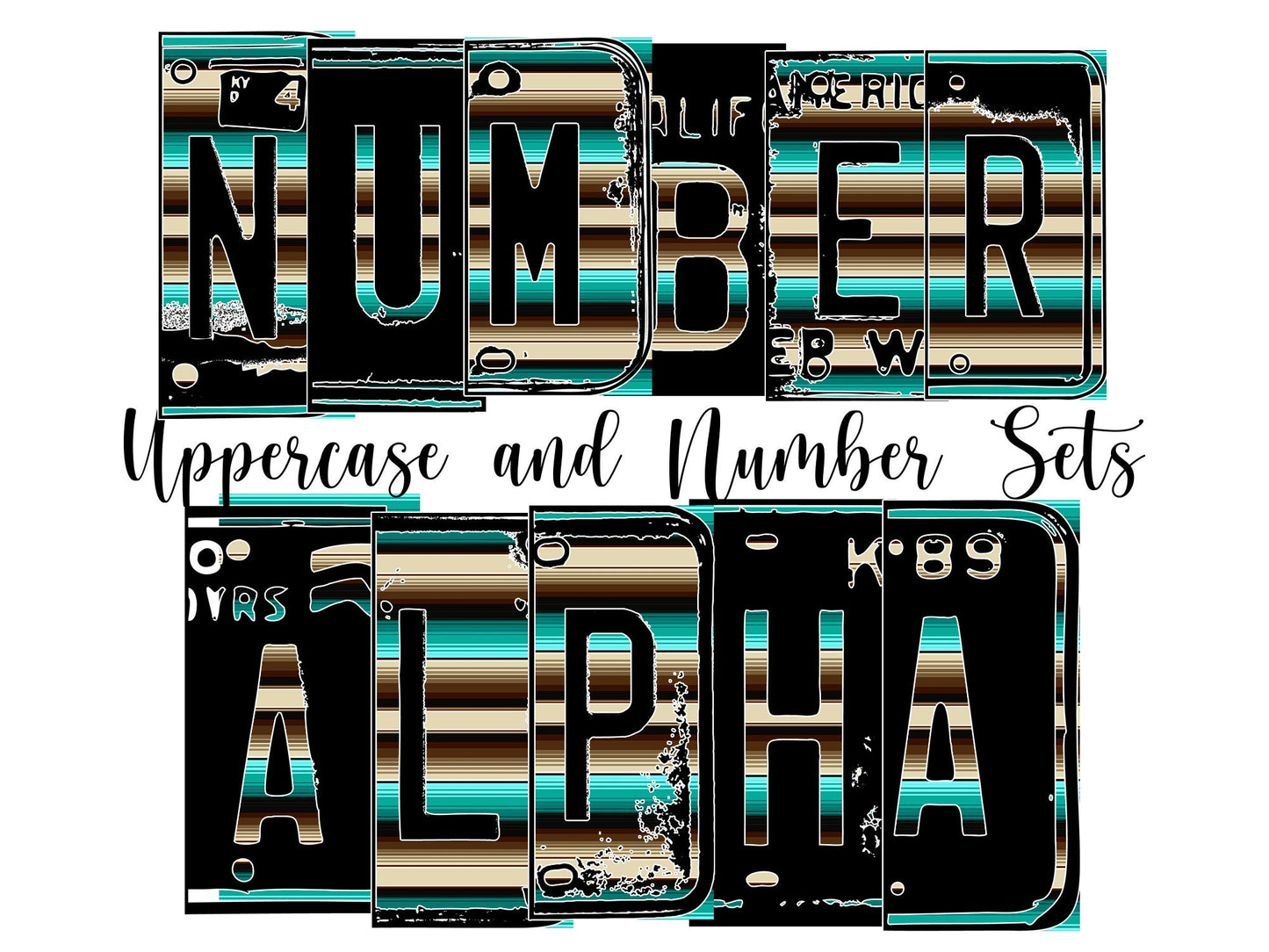 Brown and blue striped Number Plate 20 oz Tumbler with Matching Alphabet PNG, Mexican serape Alphabet PNG Digital Download