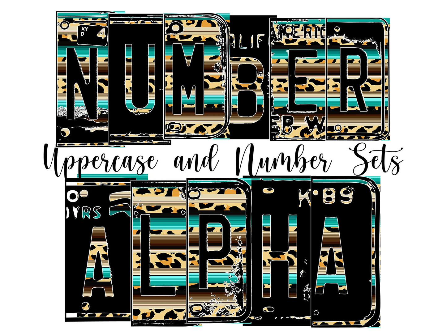 Striped leopard print Number Plate 20 oz Tumbler with Matching Alphabet PNG, Brown and blue Alphabet PNG Digital Download