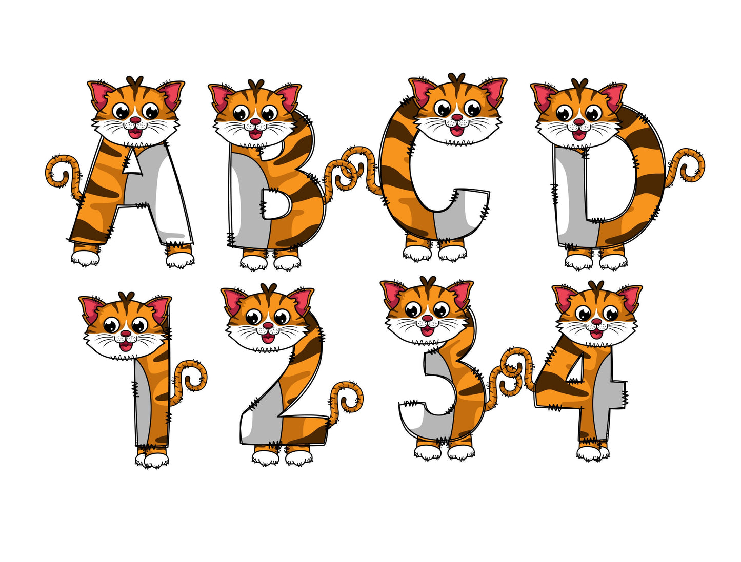 Ginger Cat Kitten Doodle Letters, Kitty Alphabet, Cat Alphabet PNG, Entire Doodle Alphabet Uppercase Lowercase Numbers PNG, Lion Tiger png