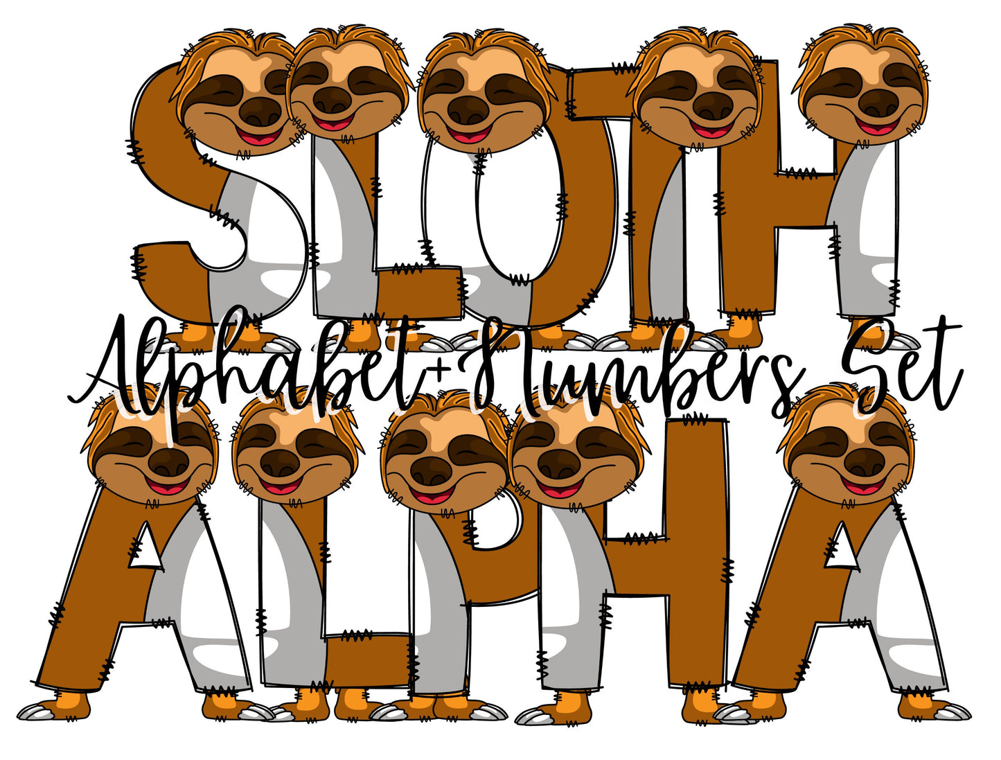 Cute Sloth Doodle Letters, Jungle Alphabet, Sloth Alphabet PNG, Entire Doodle Alphabet Uppercase Lowercase Numbers PNG