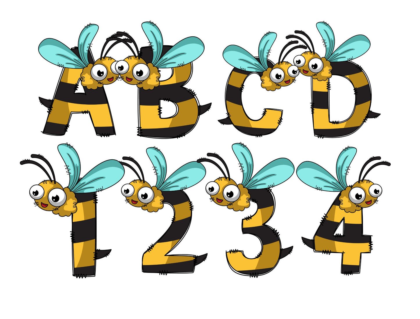 Bee Doodle Letters, Bee Alphabet, Bee Alphabet PNG, Entire Doodle Alphabet Uppercase Lowercase Numbers PNG, Lion Tiger png