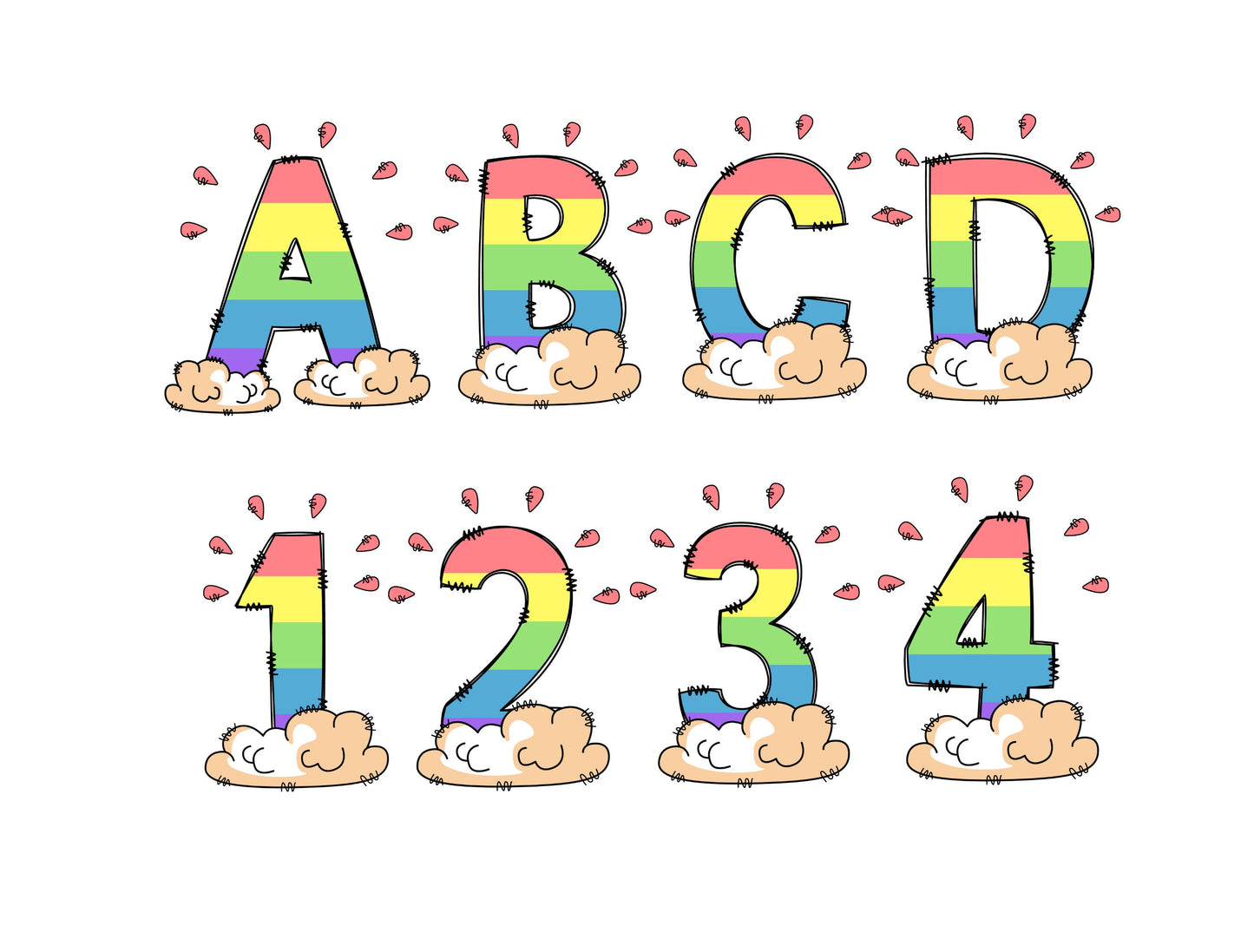 Rainbow Doodle Letters, Rainbow Alphabet, Rainbow Alphabet PNG, Entire Doodle Alphabet Uppercase Lowercase Numbers PNG,