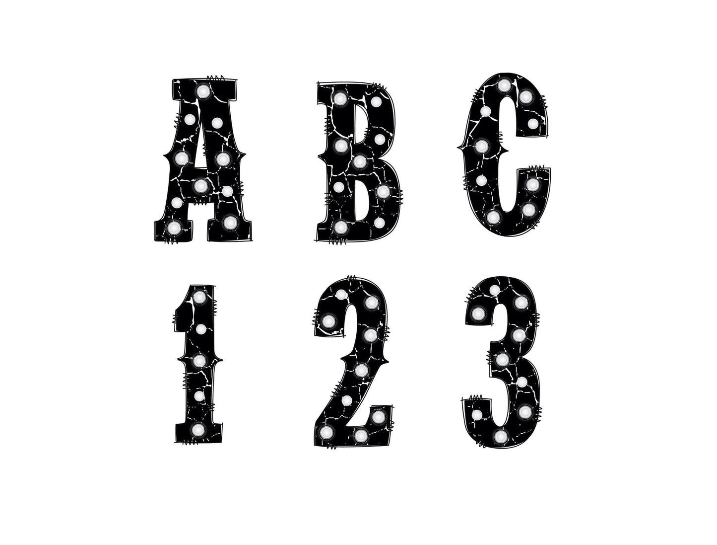 Black Marquee Lights Doodle Letter Alphabet with Uppercase and Numbers PNG, Alphabet PNG Digital Download