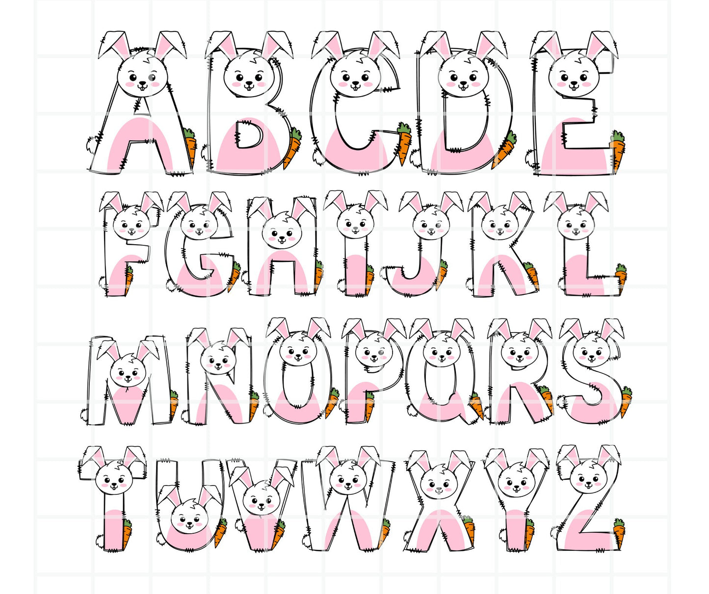 Bunny Doodle Letters, Rabbit Alphabet, Bunny Alphabet PNG, Entire Doodle Alphabet Uppercase Lowercase Numbers PNG