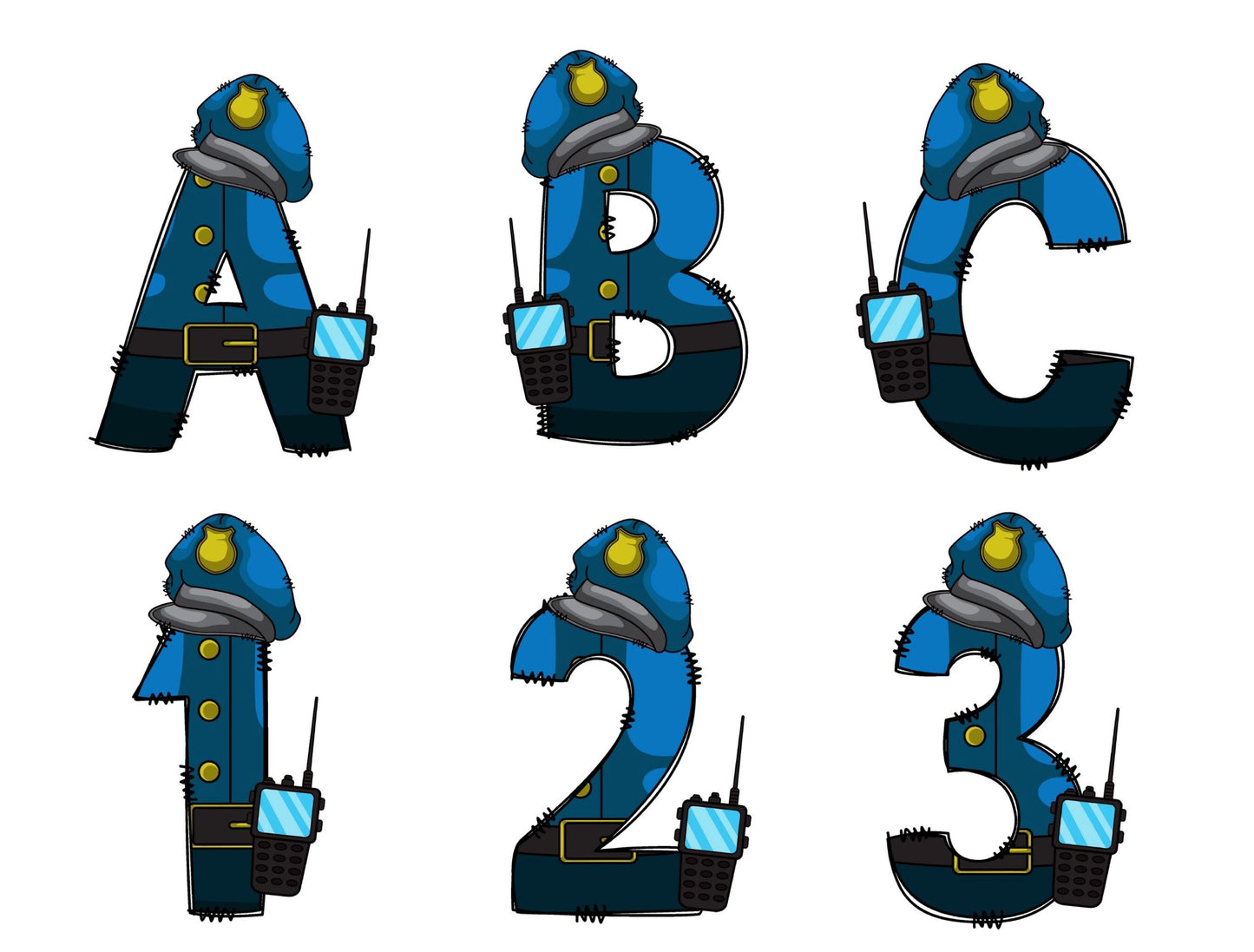 Police Doodle Letters Alphabet with Uppercase and Numbers PNG, Alphabet PNG Digital Download PNG