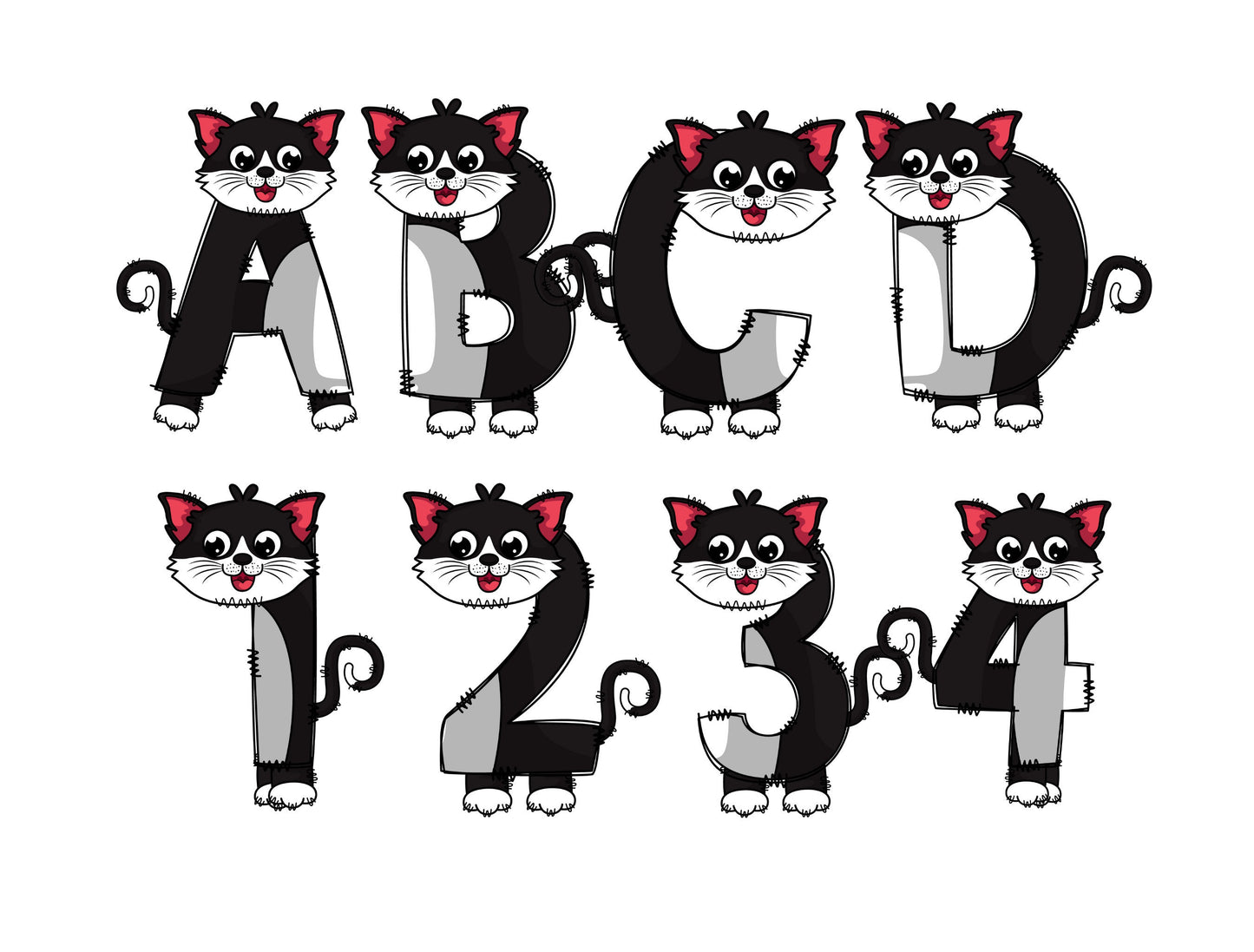 Black Cat Kitten Doodle Letters, Kitty Alphabet, Cat Alphabet PNG, Entire Doodle Alphabet Uppercase Lowercase Numbers PNG, Lion Tiger png