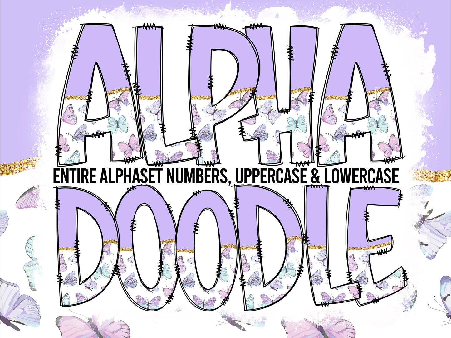 Purple Butterfly Tumbler Wrap with Matching Doodle Letter Alphabet PNG, Aesthetic Add your Own name 20oz Tumbler, Cute Alpha Set PNG 182