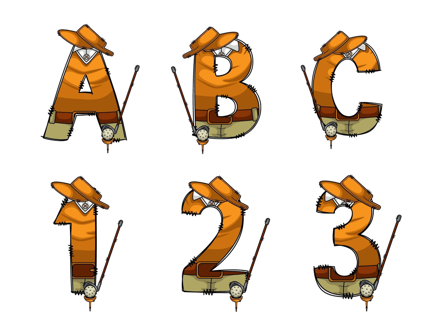 Golf Doodle Letters Alphabet with Uppercase and Numbers PNG, Alphabet PNG Digital Download PNG