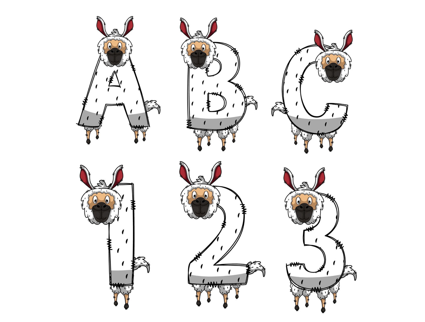 Llama Doodle Letters Alphabet with Uppercase and Numbers PNG, Alphabet PNG Digital Download PNG