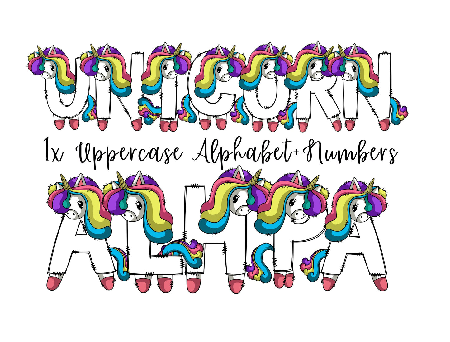 Unicorn Doodle Letters, Rainbow Alphabet, Unicorn Alphabet PNG, Entire Doodle Alphabet Uppercase Lowercase Numbers PNG