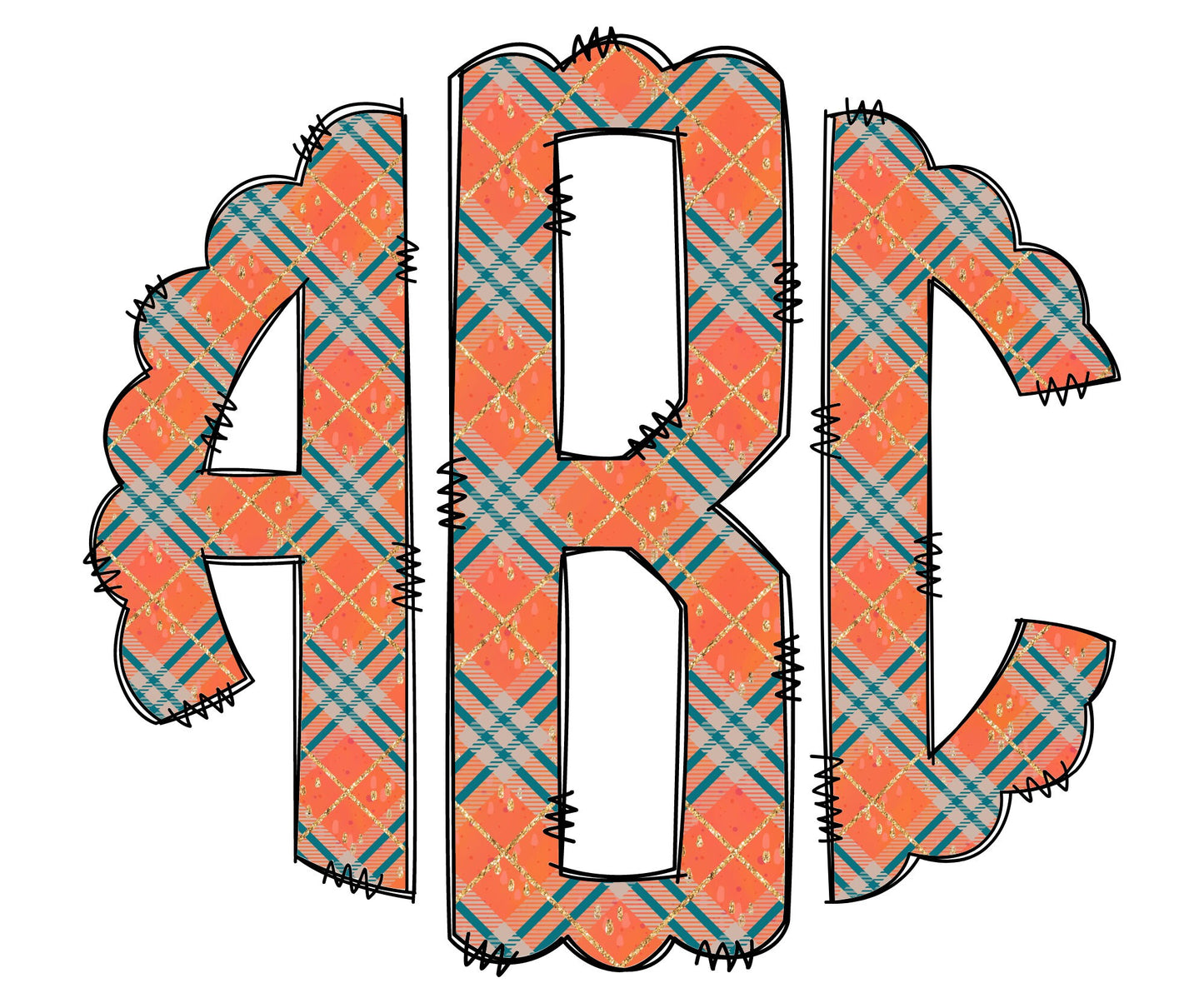 Plaid Fall Monogram Letters, Boho Sublimation PNG Elements Hand Drawn Doodle Alpha Bundle, Pumpkin Tartan Sublimation Font PNG Floral