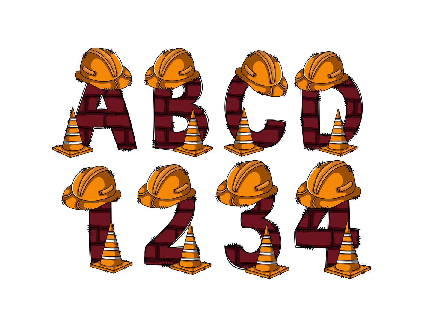 Construction Doodle Letters, Builder Alphabet, Construction Alphabet PNG, Entire Doodle Alphabet Uppercase Numbers PNG