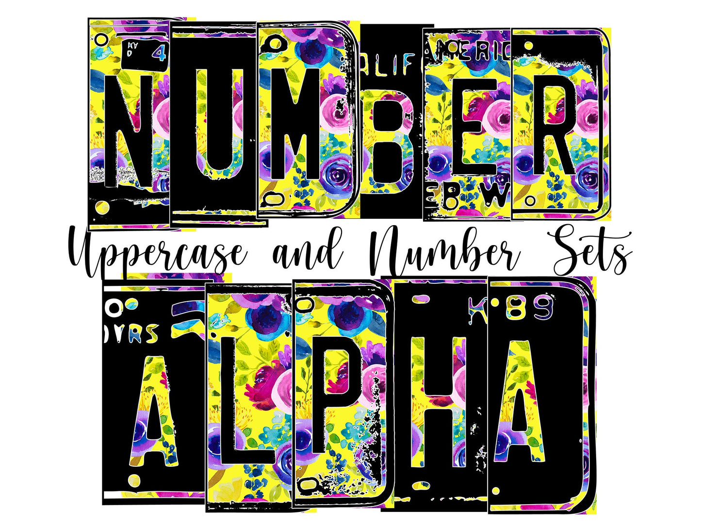 Purple rose Number Plate 20 oz Tumbler with Matching Alphabet PNG, Yellow floral Alphabet PNG Digital Download