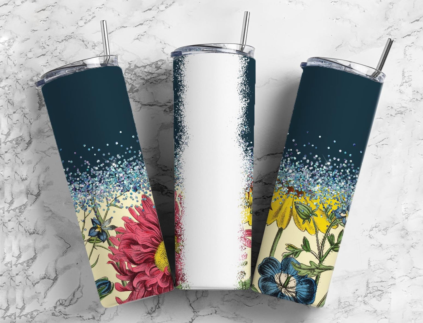 Blue floral 20oz Sublimation Tumbler Designs, colorful flowers 9.2 x 8.3” Straight Skinny Tumbler Wrap PNG