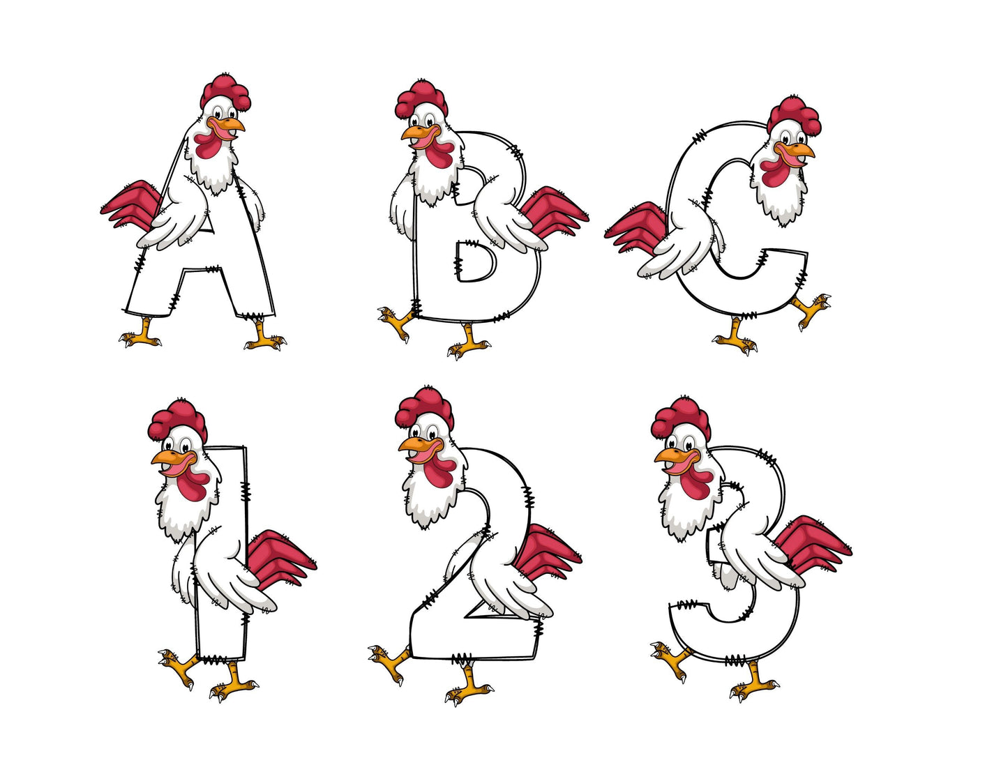 Chicken Doodle Letters Doodle Letter Alphabet with Uppercase and Numbers PNG, Alphabet PNG Digital Download