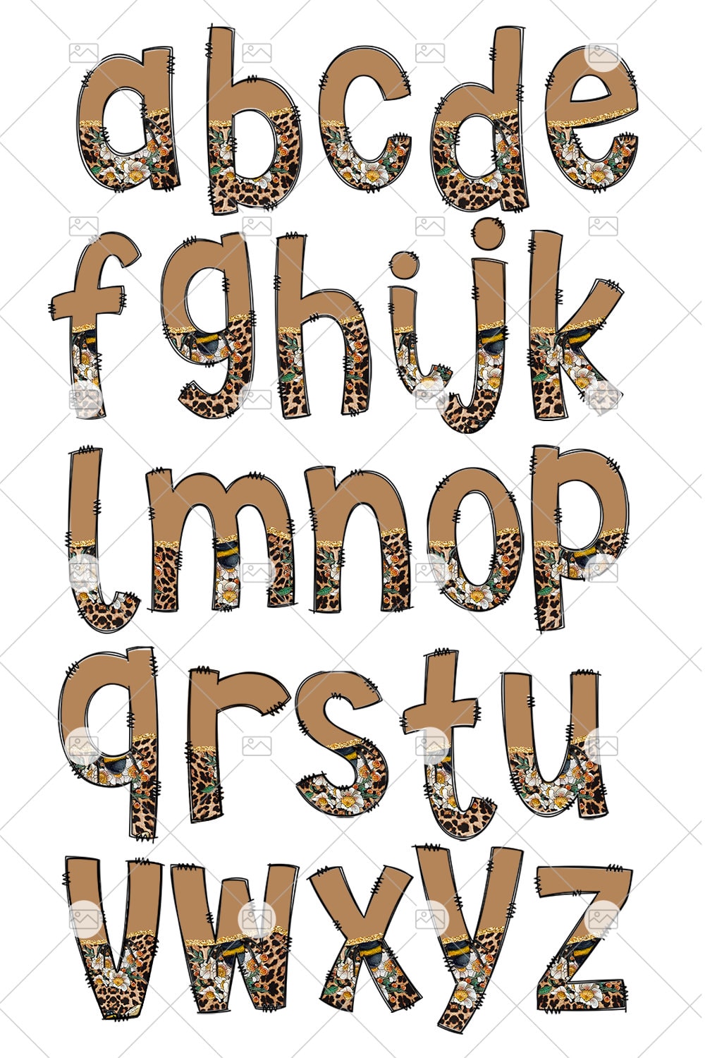 Bee Leopard Tumbler Wrap with Matching Doodle Letter Alphabet PNG, Country Add your Own name 20oz Tumbler, Alpha Set PNG 11