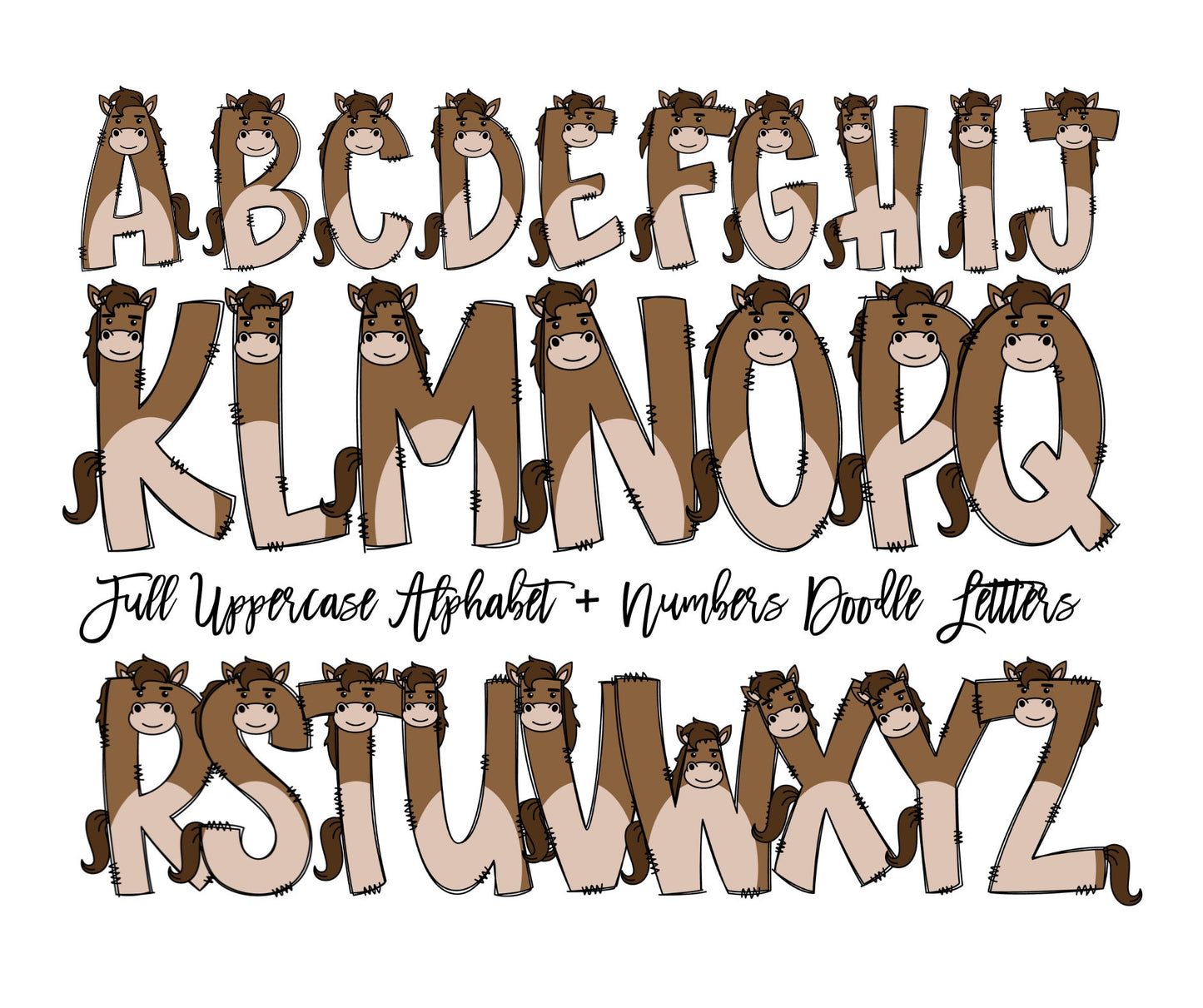 Horse Doodle Letters, Farm Alphabet, Animal Alphabet PNG, Entire Doodle Alphabet Uppercase Lowercase Numbers PNG