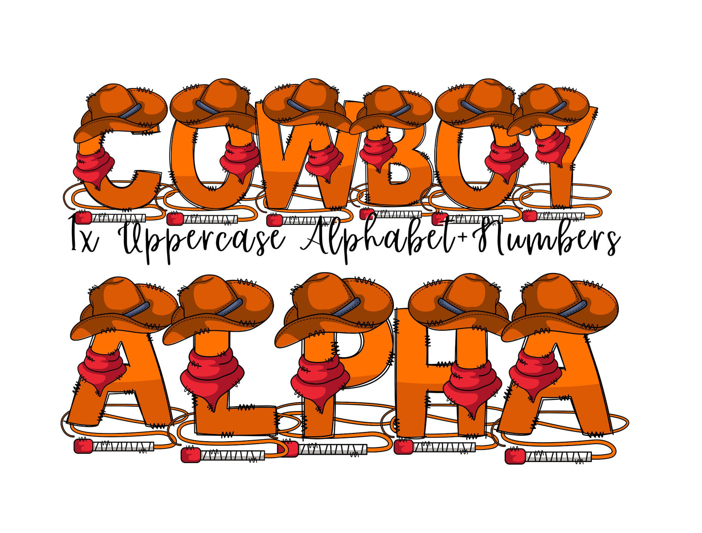 Cowboy Doodle Letters, Cowboy Alphabet, Country Alphabet PNG, Entire Doodle Alphabet Uppercase Lowercase Numbers PNG