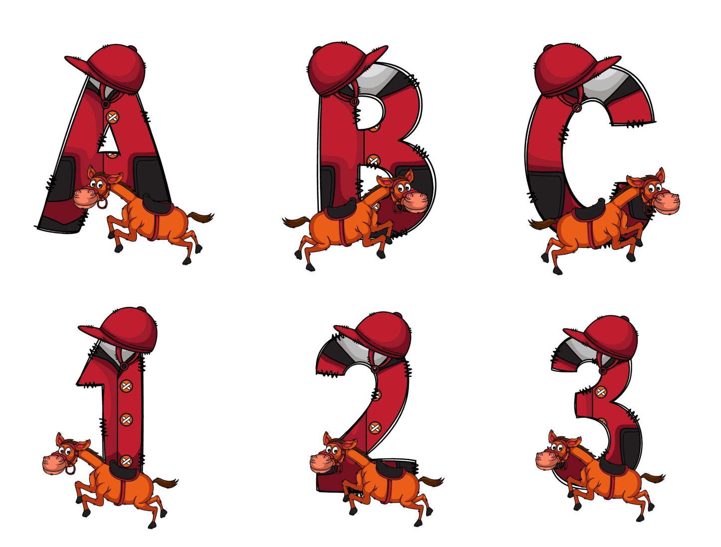 Horse Riding Doodle Letters Alphabet with Uppercase and Numbers PNG, Alphabet PNG Digital Download PNG