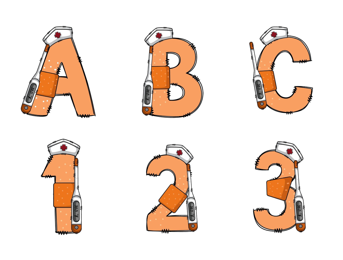 Nurse Doodle Letters Alphabet with Uppercase and Numbers PNG, Alphabet PNG Digital Download PNG