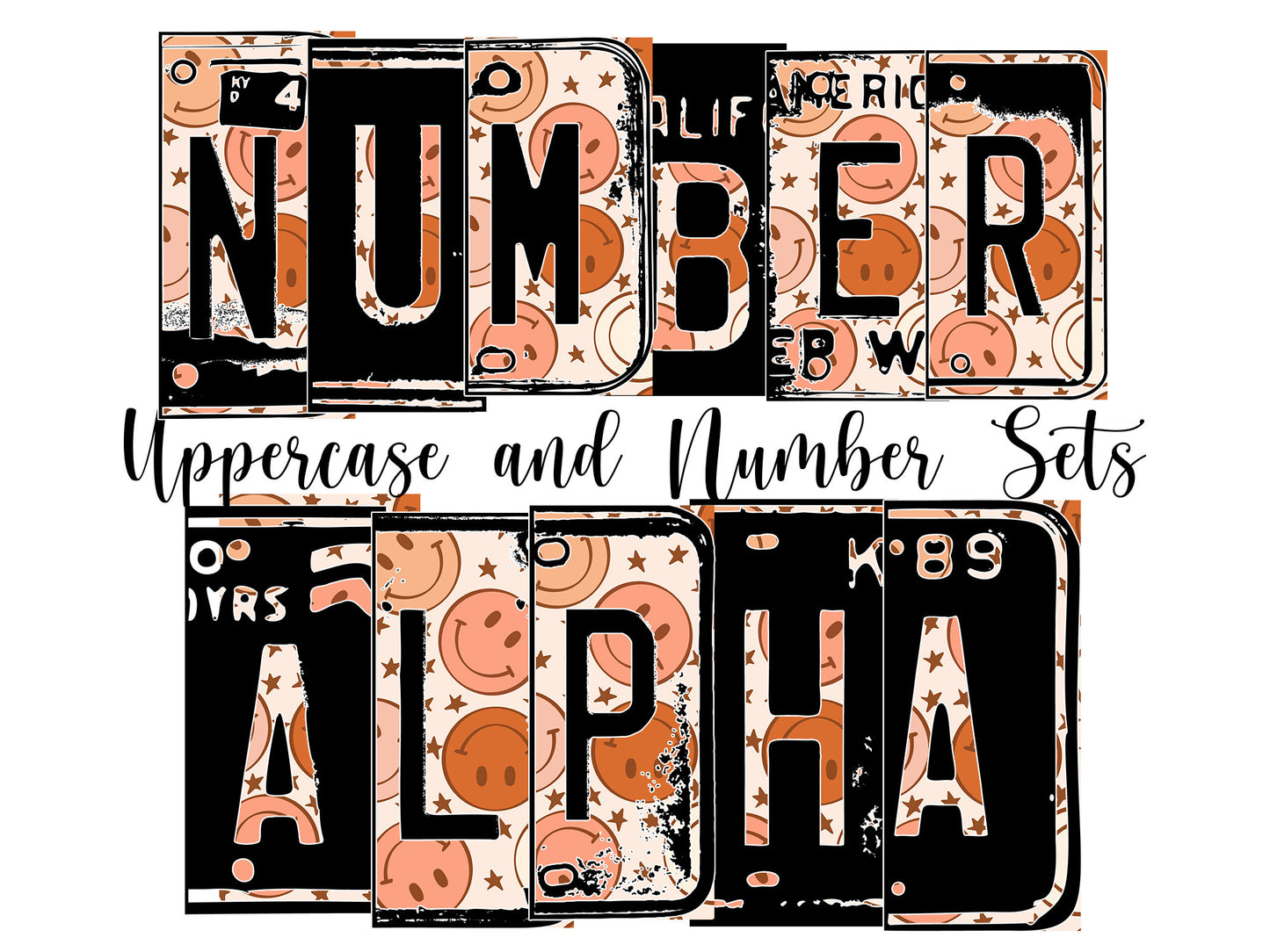 Retro smiley face Number Plate 20 oz Tumbler with Matching Alphabet PNG, Orange star Alphabet PNG Digital Download