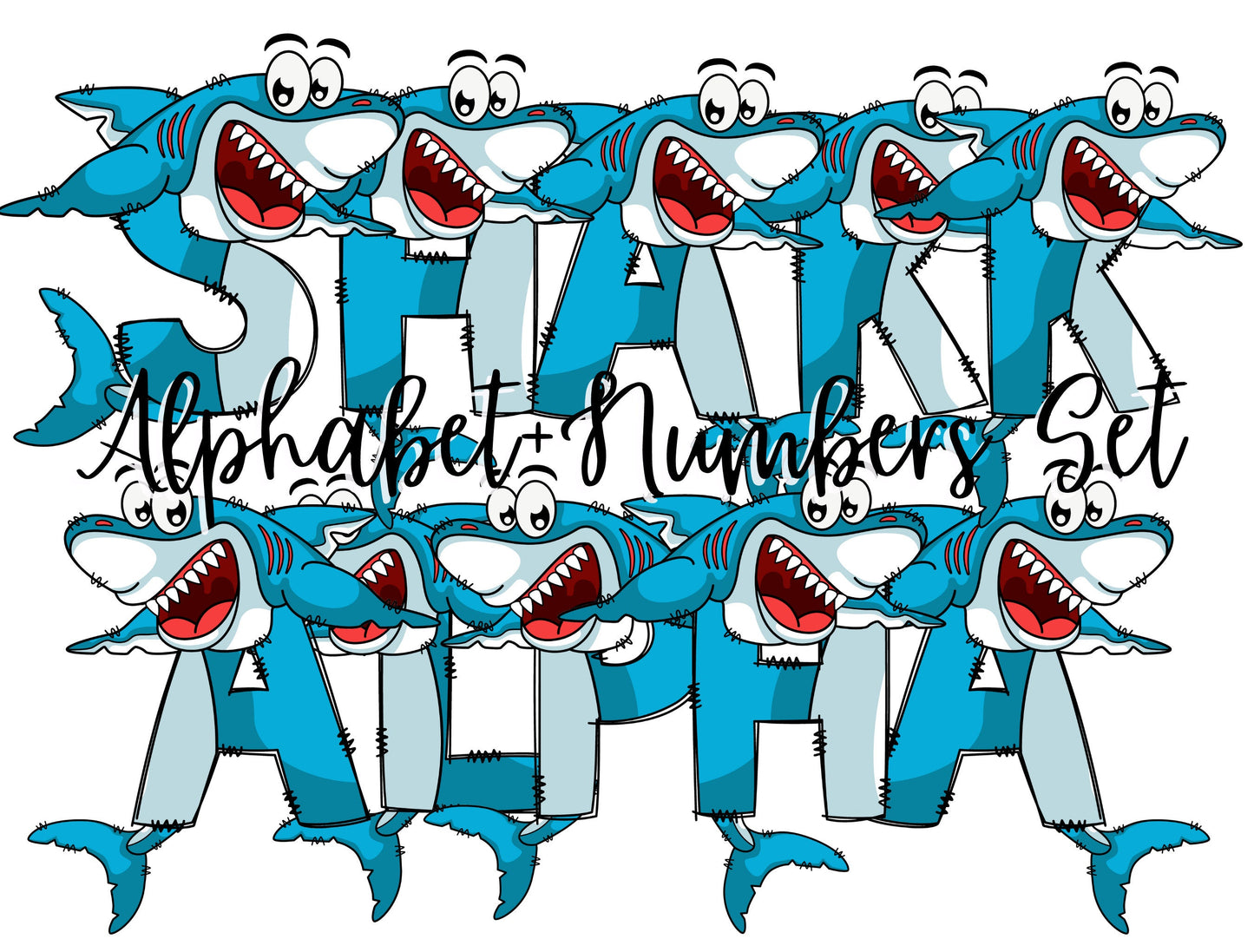 Great White Doodle Letters, Shark Alphabet, Ocean Alphabet PNG, Entire Doodle Alphabet Uppercase Lowercase Numbers PNG