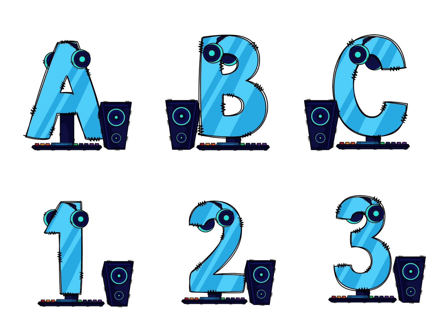 Gaming Doodle Letters Alphabet with Uppercase and Numbers PNG, Alphabet PNG Digital Download PNG