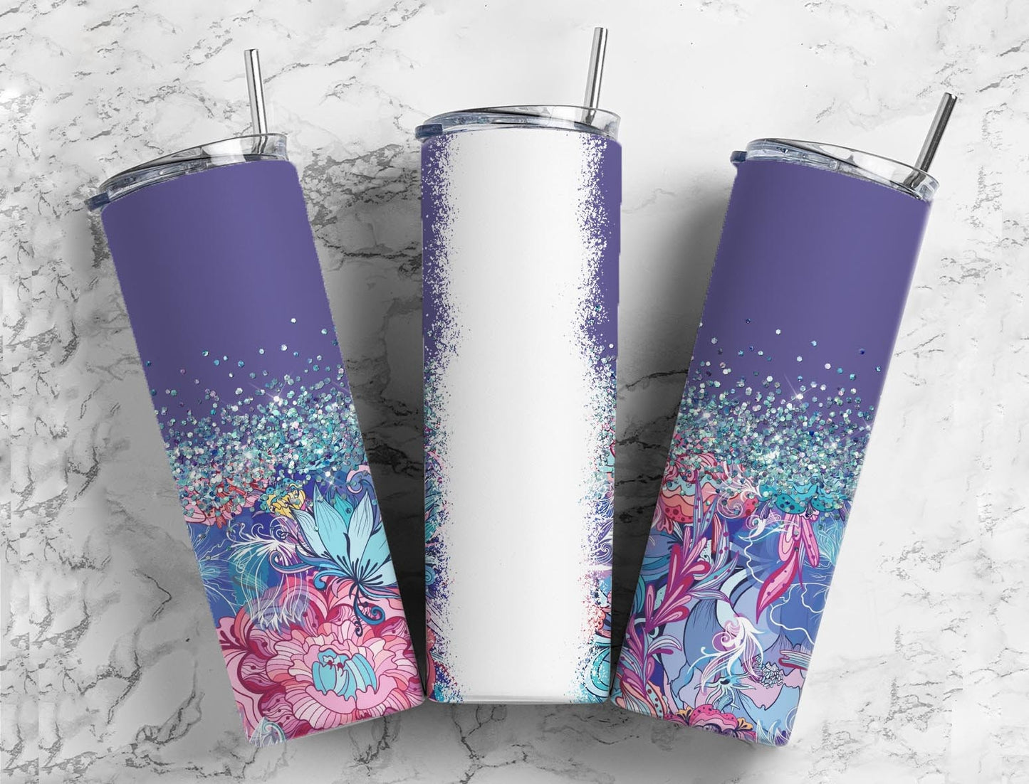 Botanical Boho 20oz Sublimation Tumbler Designs, Iridescent Glitter Purple 9.2 x 8.3” Straight Skinny Tumbler Wrap PNG