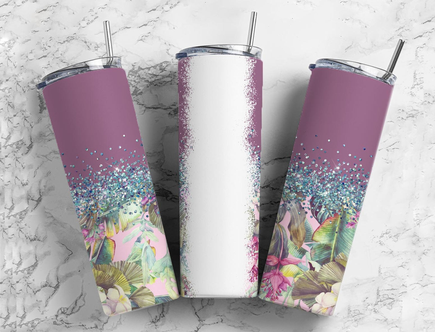 Botanical Aesthetic 20oz Sublimation Tumbler Designs, Iridescent Glitter Purple 9.2 x 8.3” Straight Skinny Tumbler, PNGp99