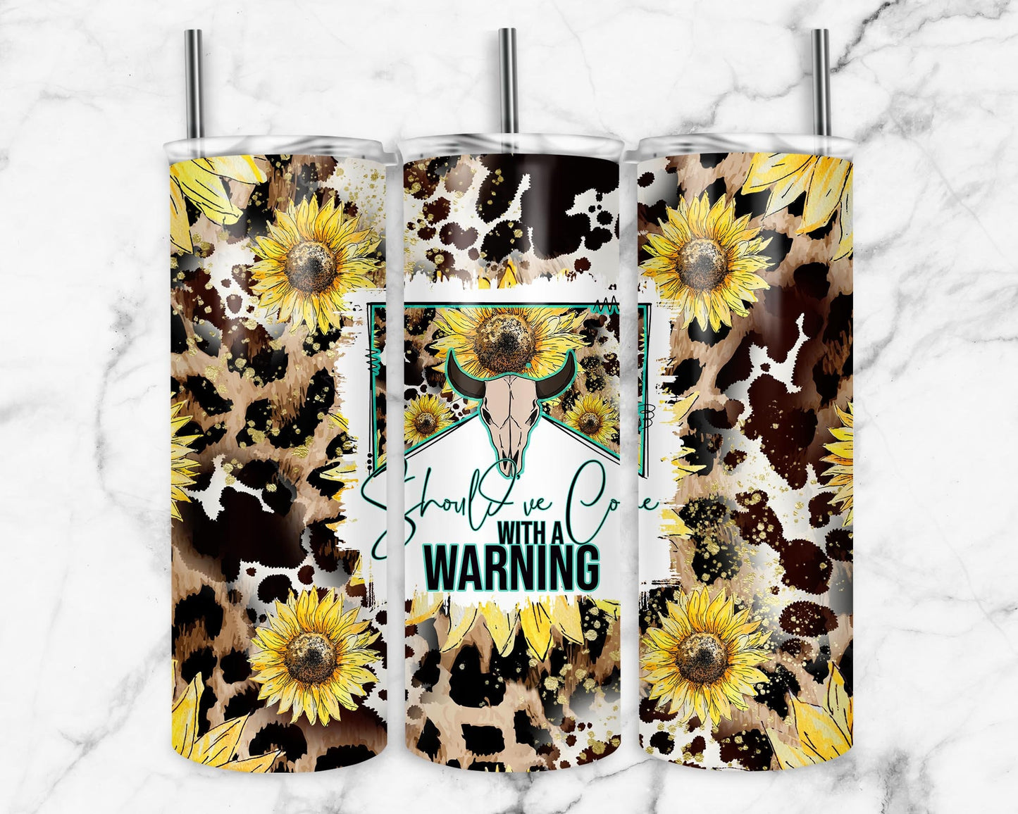 Should&#39;ve Come With A Warning Tumbler PNG, Western Tumbler Wrap PNG, Leopard Print PNG, Sunflower 20 oz Skinny Tumbler Design 1