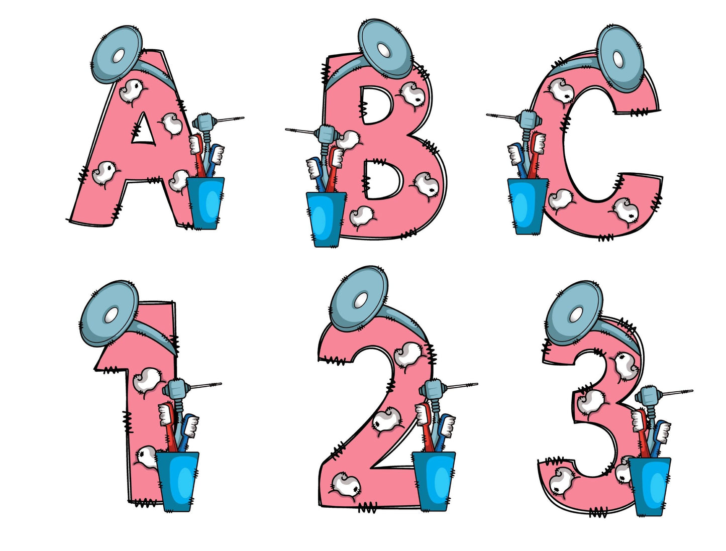 Dentist Doodle Letters Doodle Letter Alphabet with Uppercase and Numbers PNG, Alphabet PNG Digital Download