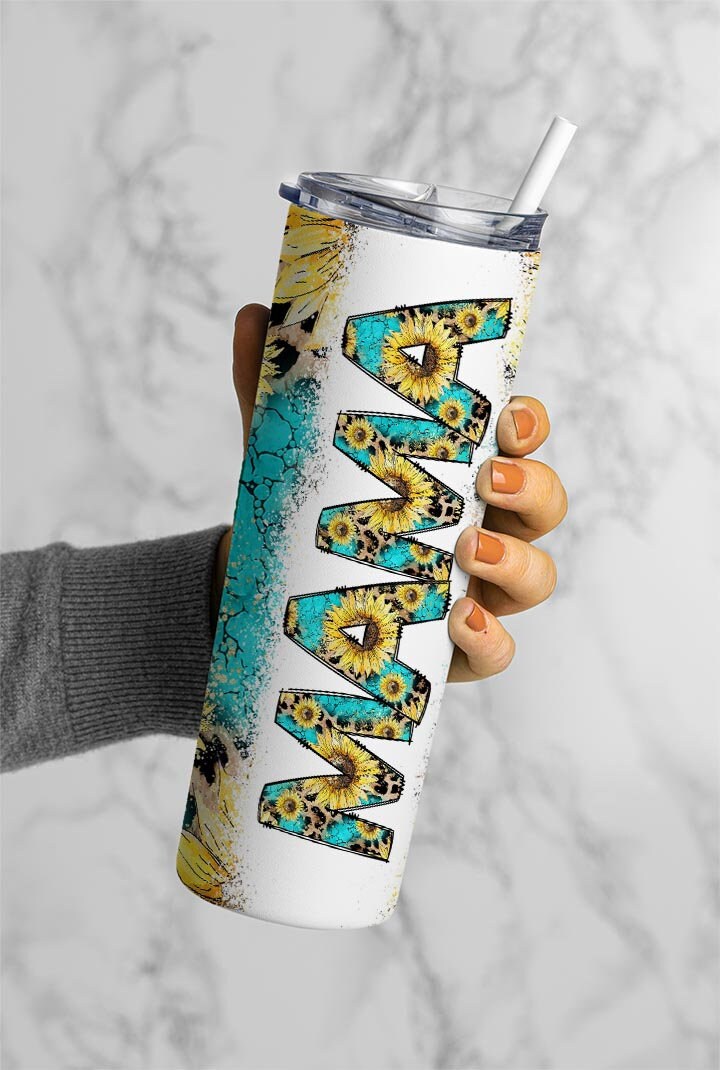 Seamless Sunflower Mama Turquoise Leopard Western Floral Tumbler Wrap PNG Mama Seamless 20oz Sublimation Tumbler, Mothers. Mama Tumbler, PNG