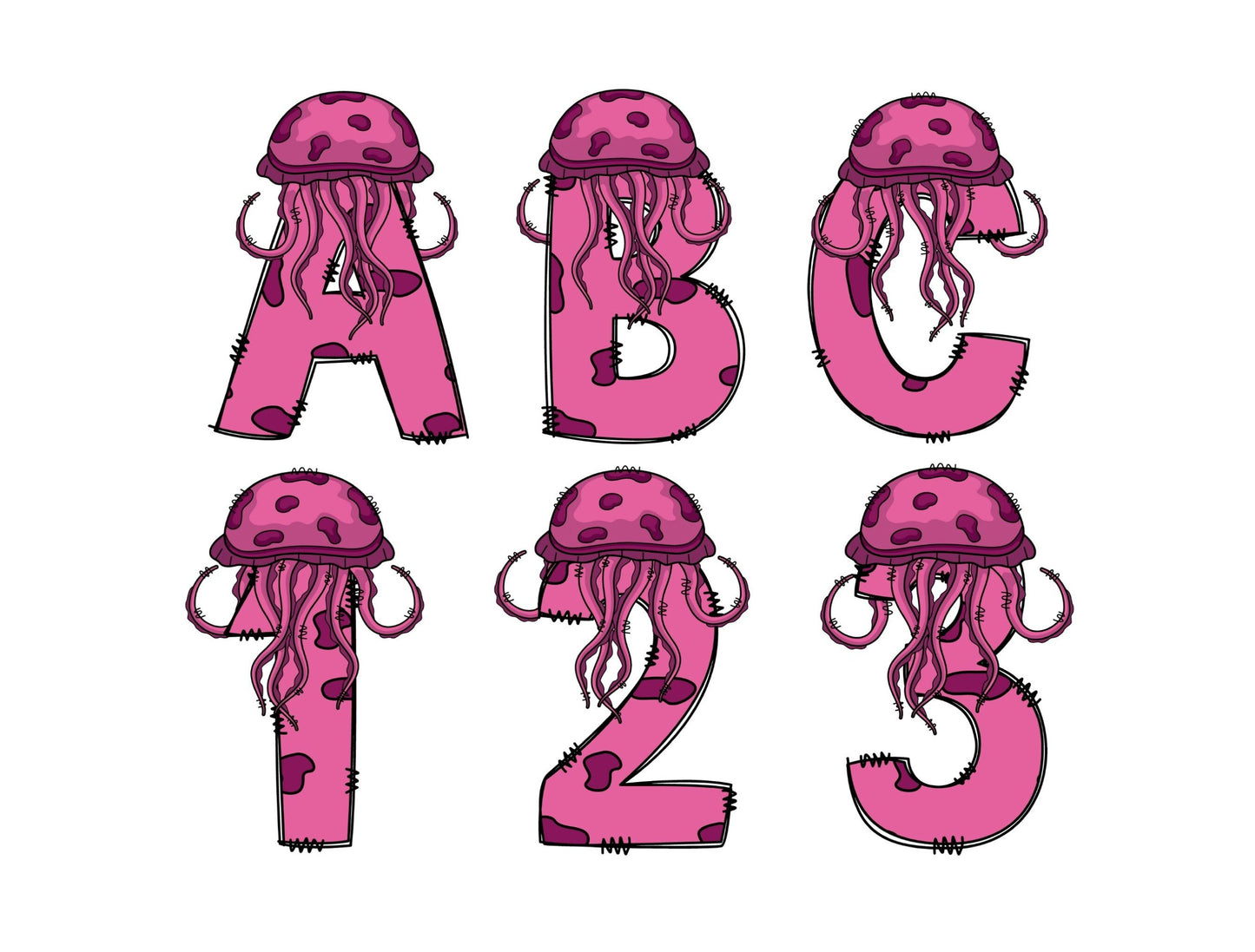 Jellyfish Doodle Letters Alphabet with Uppercase and Numbers PNG, Alphabet PNG Digital Download PNG