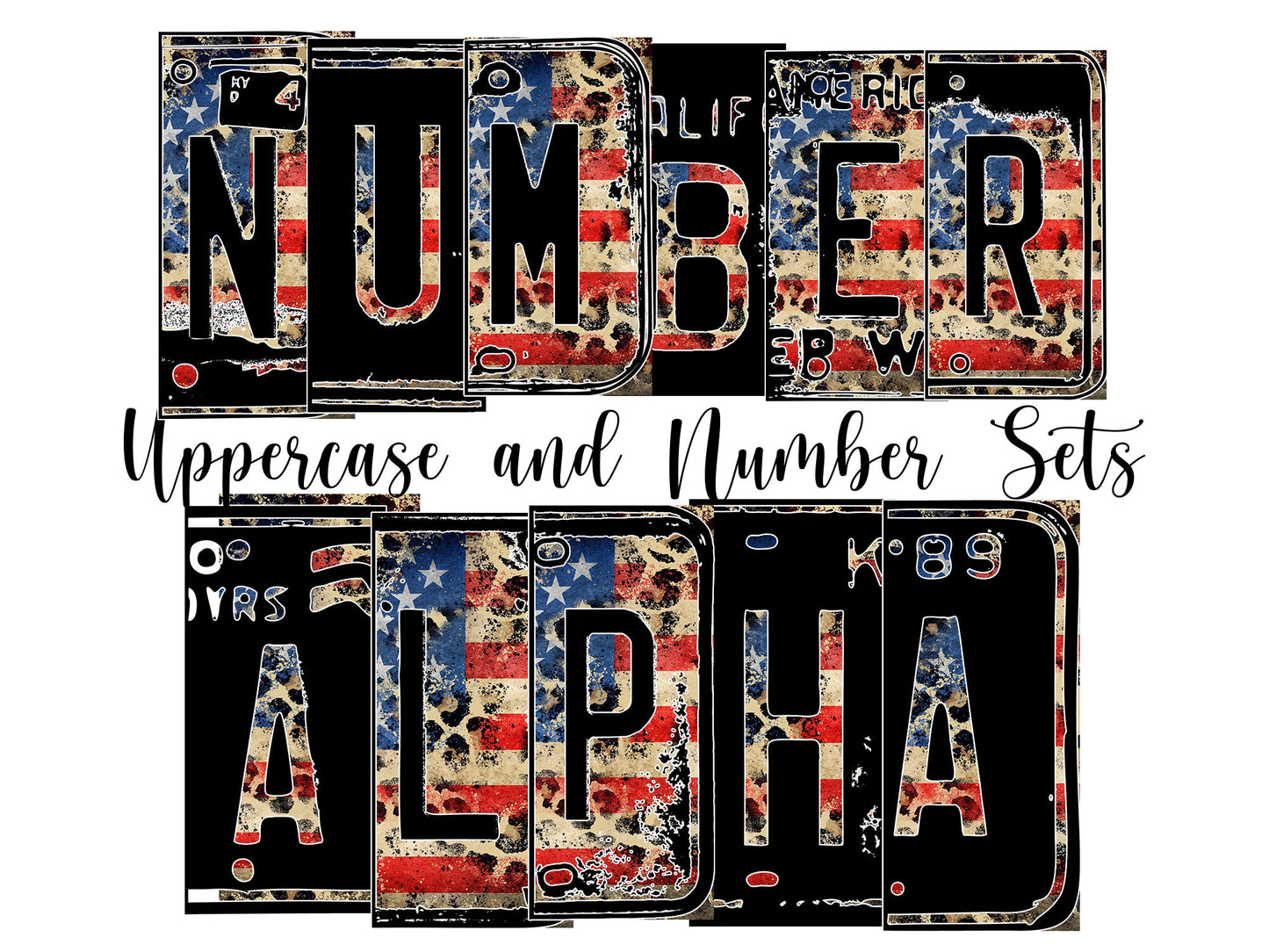 American flag Number Plate 20 oz Tumbler with Matching Alphabet PNG, Leopard print Alphabet PNG Digital Download