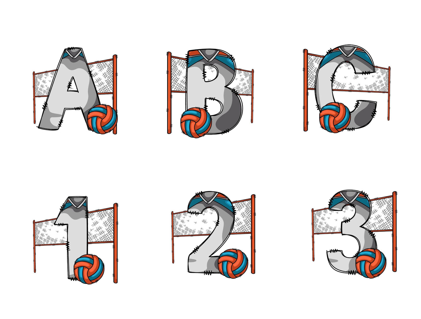 Volleyball Doodle Letters Alphabet with Uppercase and Numbers PNG, Alphabet PNG Digital Download