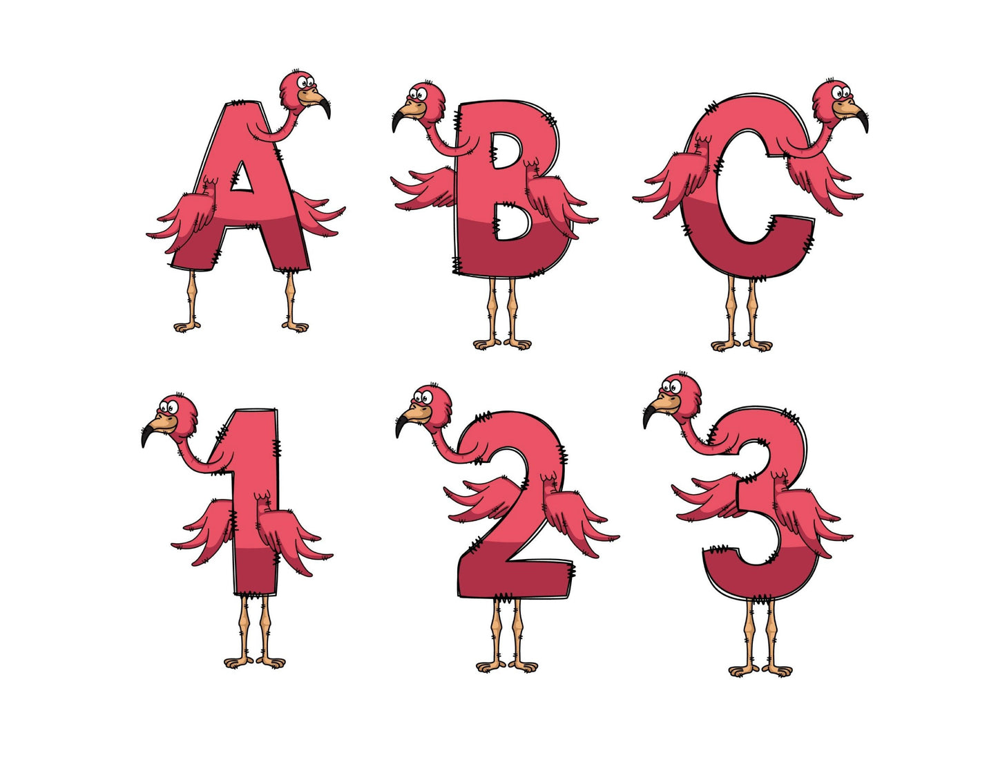 Flamingo Doodle Letters Alphabet with Uppercase and Numbers PNG, Alphabet PNG Digital Download PNG