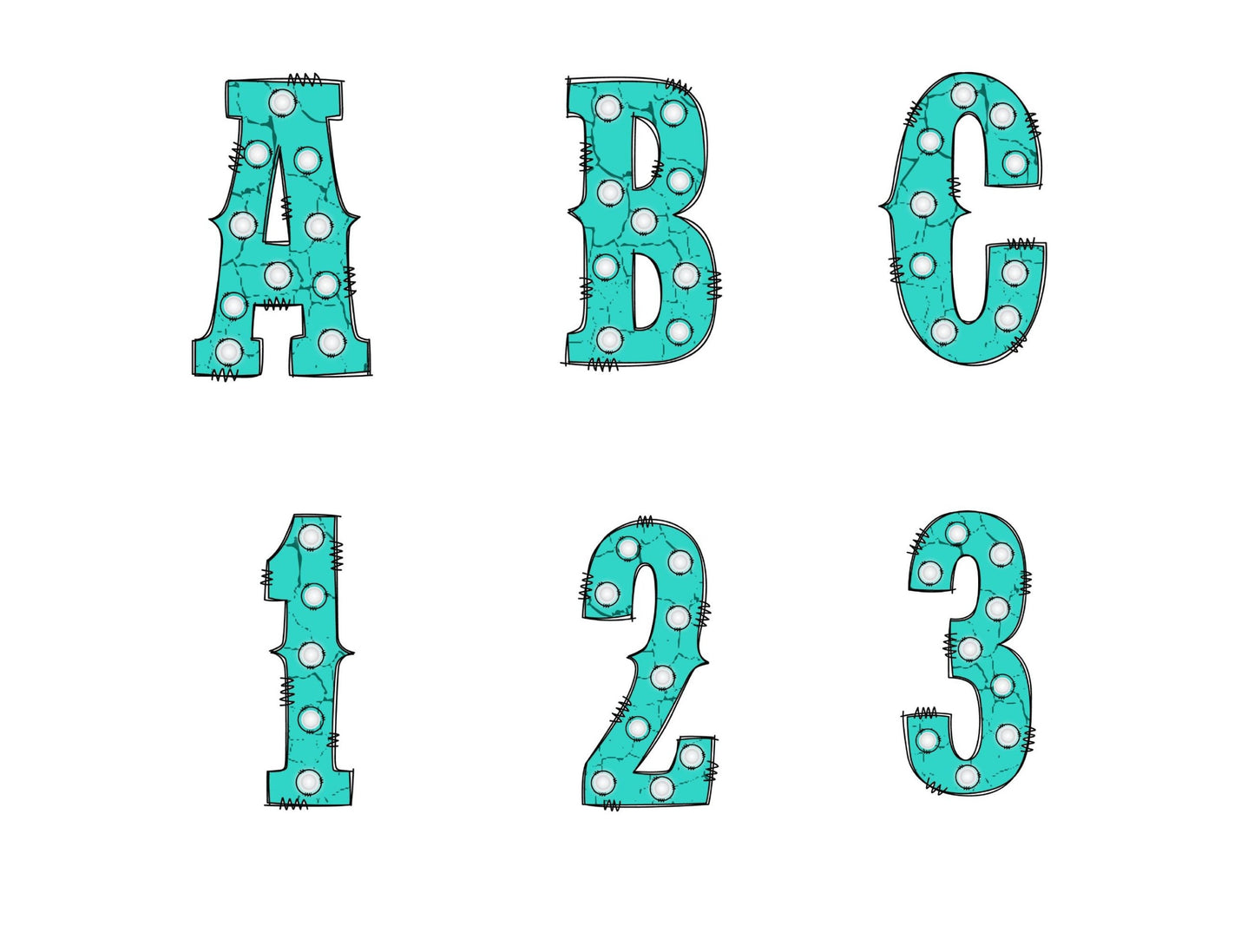 TurquoiseMarquee Lights Alphabet with Uppercase and Numbers PNG, Alphabet PNG Digital Download