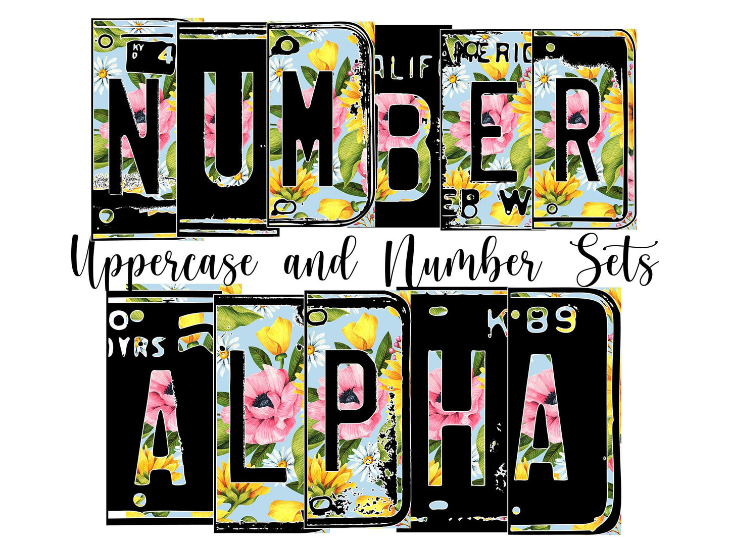 Sunflower floral Number Plate 20 oz Tumbler with Matching Alphabet PNG, Yellow and pink Alphabet PNG Digital Download