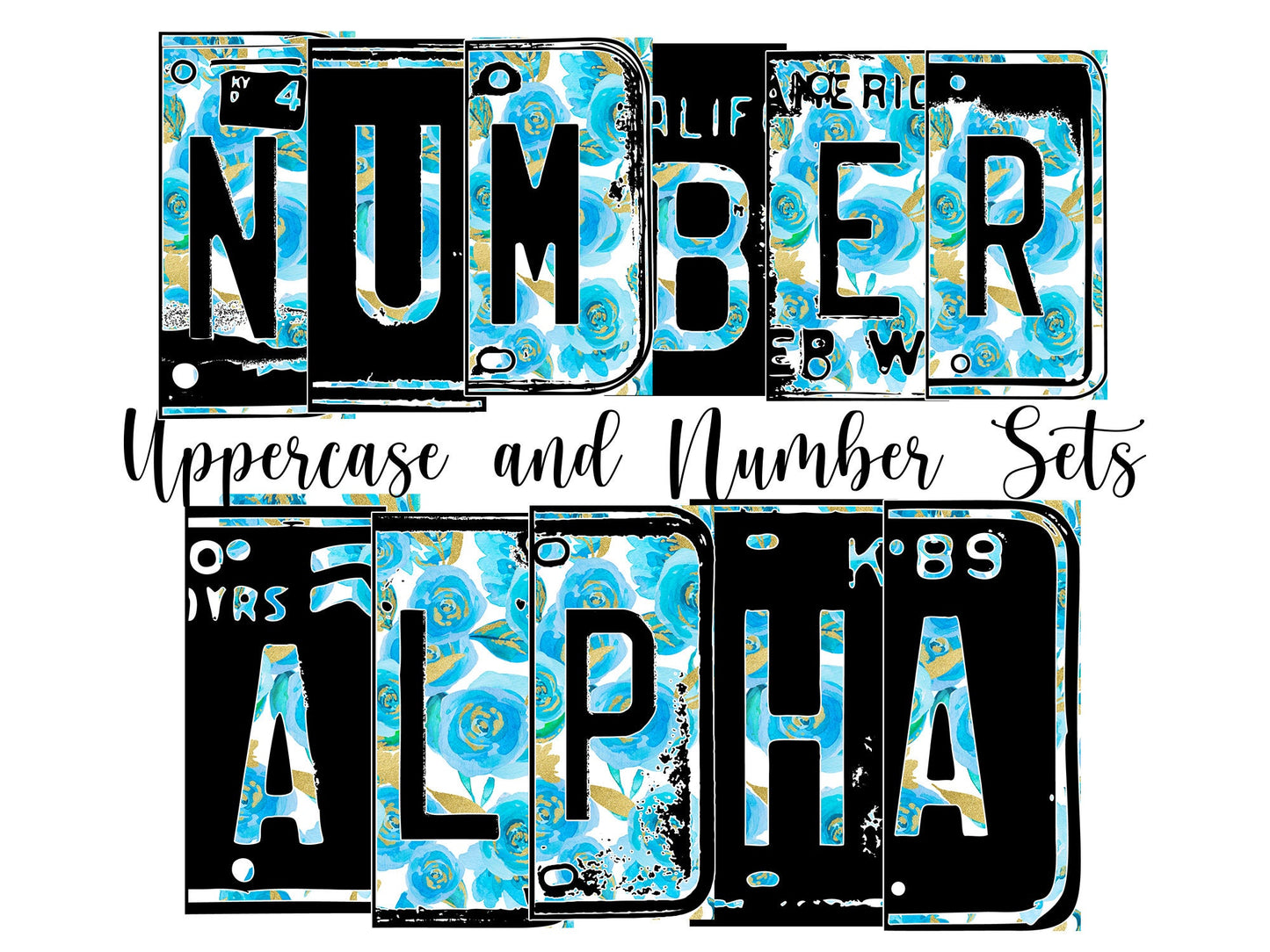 Watercolor floral Number Plate 20 oz Tumbler with Matching Alphabet PNG, Blue flower Alphabet PNG Digital Download