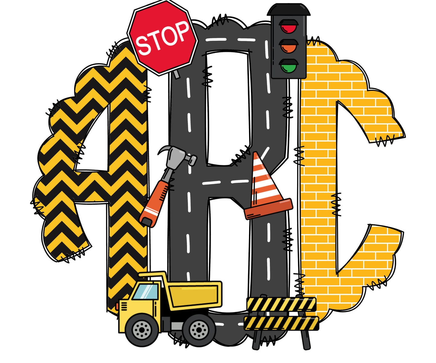 Construction Monogram Letters, Boys Truck Sublimation PNG Doodle Alpha Bundle, Construction Sublimation Font PNG Floral, Yellow and Black (2023-04-18 19.24.49)