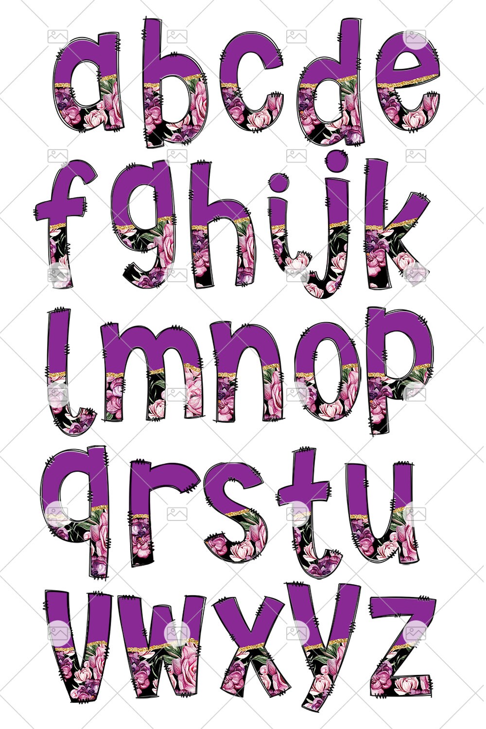 Purple Flower Tumbler Wrap with Matching Doodle Letter Alphabet PNG, Floral Aesthetic Add your Own name 20oz Tumbler, Alpha Set PNG 177