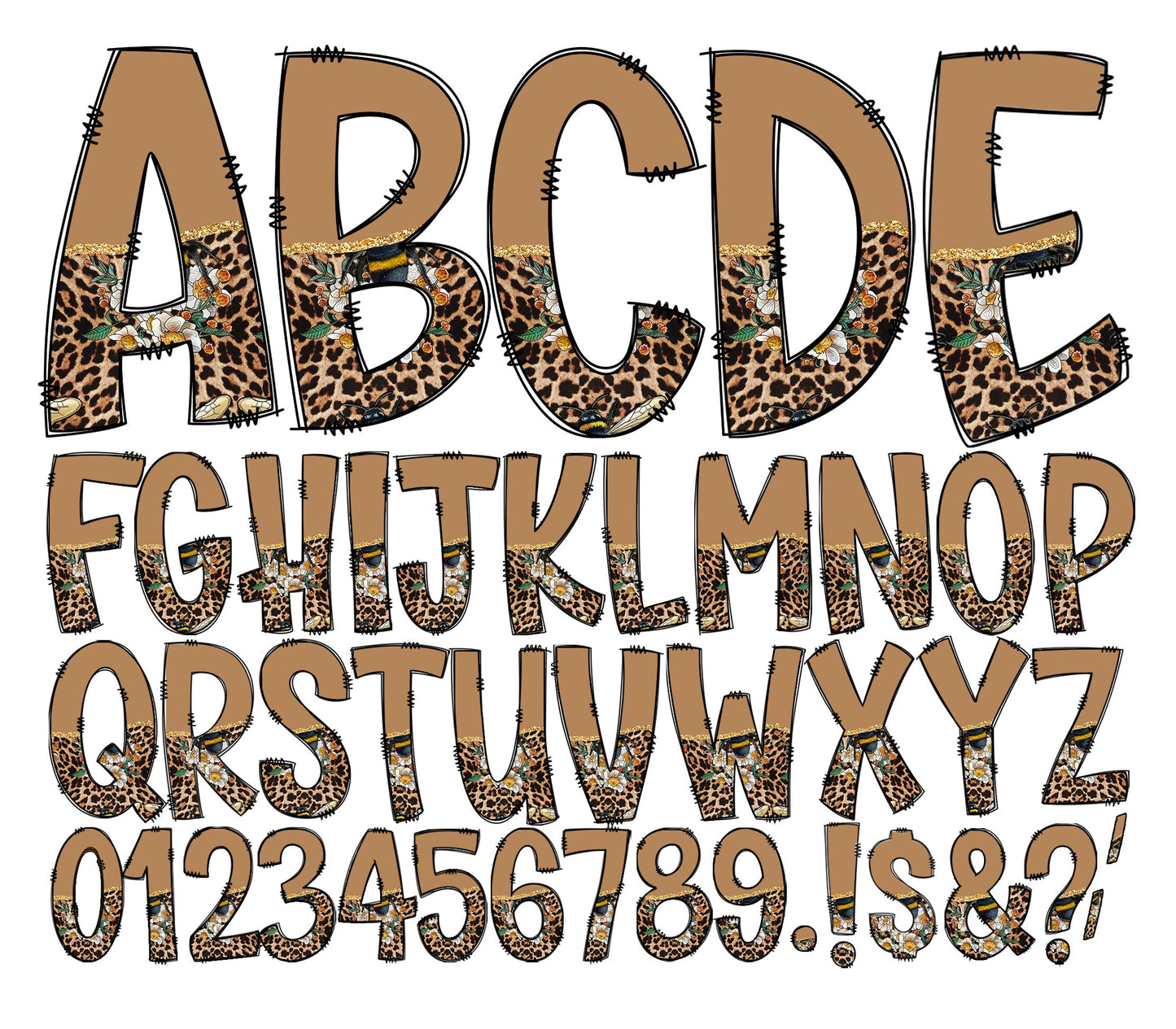 Bee Leopard Tumbler Wrap with Matching Doodle Letter Alphabet PNG, Country Add your Own name 20oz Tumbler, Alpha Set PNG 11