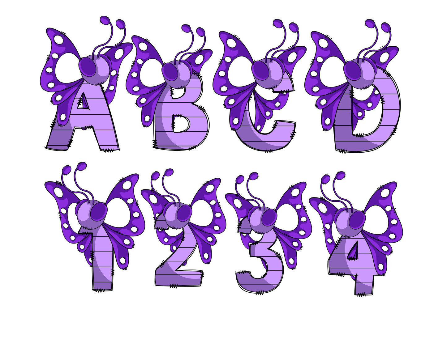 Butterfly Doodle Letters, Dino Alphabet, Butterfly Alphabet PNG, Entire Doodle Alphabet Uppercase Lowercase Numbers PNG