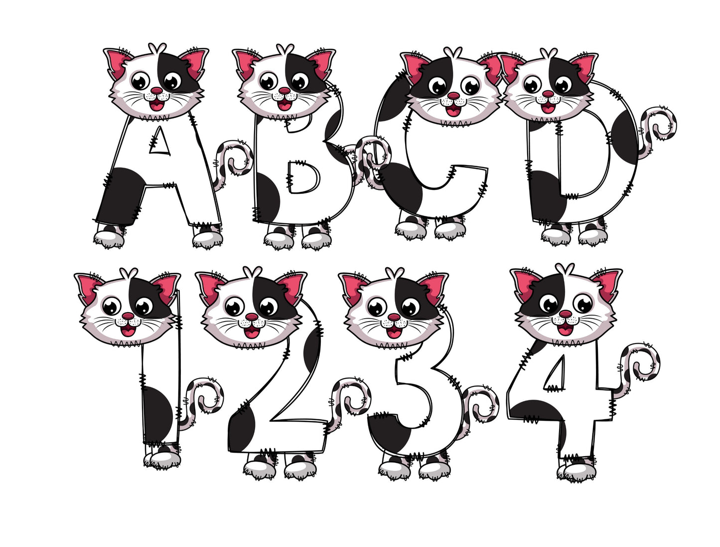 Black White Cat Doodle Letters, Kitten Alphabet, Cat Alphabet PNG, Entire Doodle Alphabet Uppercase Lowercase Numbers PNG,