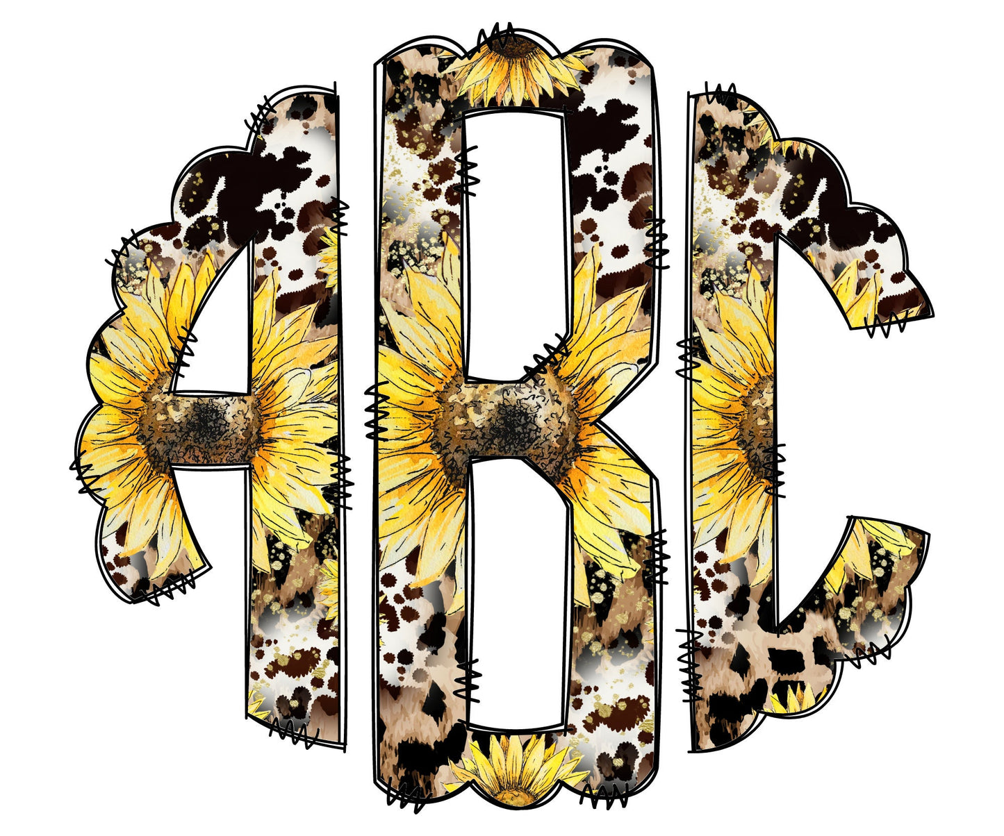 Sunflower Cow Leopard Monogram Letters, Country Sublimation PNG Elements Hand Drawn Doodle Alpha Bundle, Western Sublimation Font PNG Floral