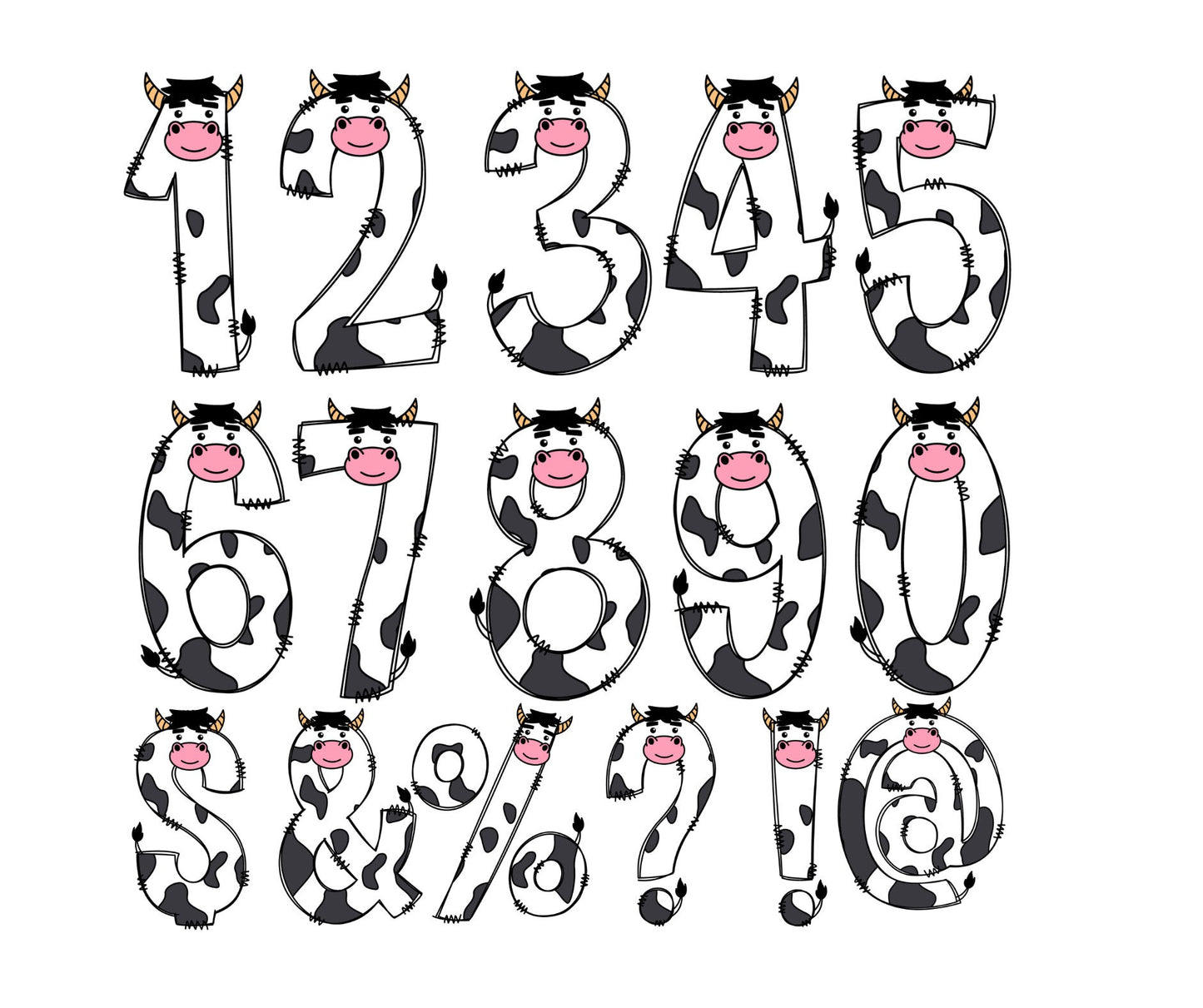 Cow Doodle Letters, Farm Alphabet, Animal Alphabet PNG, Entire Doodle Alphabet Uppercase Lowercase Numbers PNG