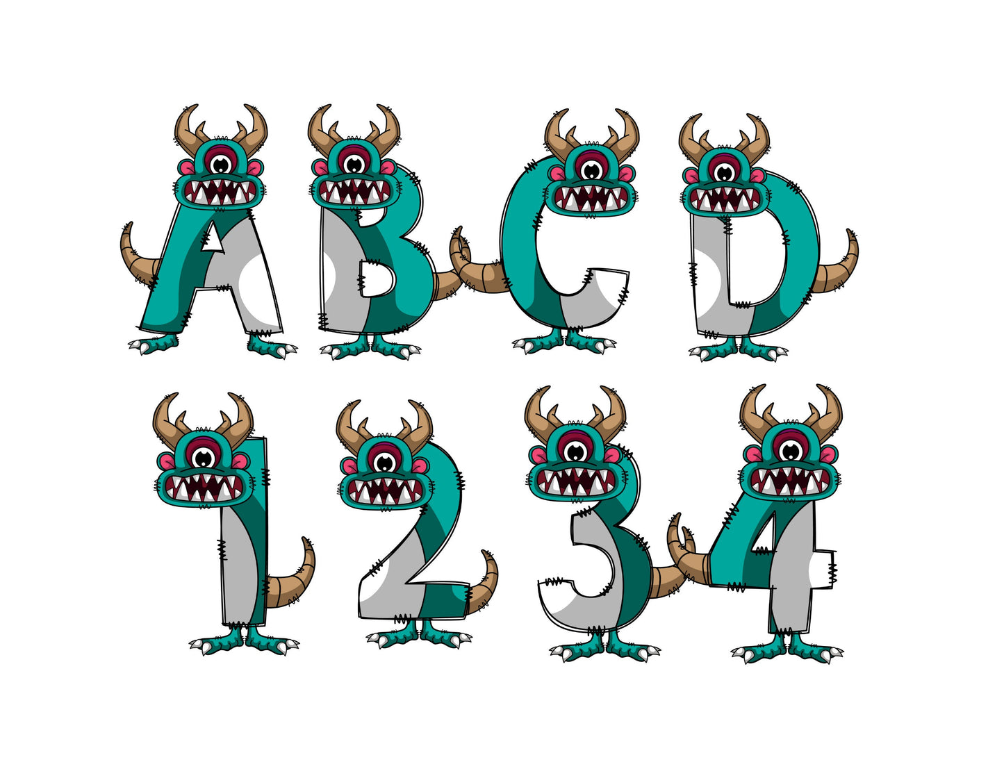 Monster Doodle Letters, Monster Alphabet, Monster Alphabet PNG, Entire Doodle Alphabet Uppercase Lowercase Numbers PNG, Lion Tiger png