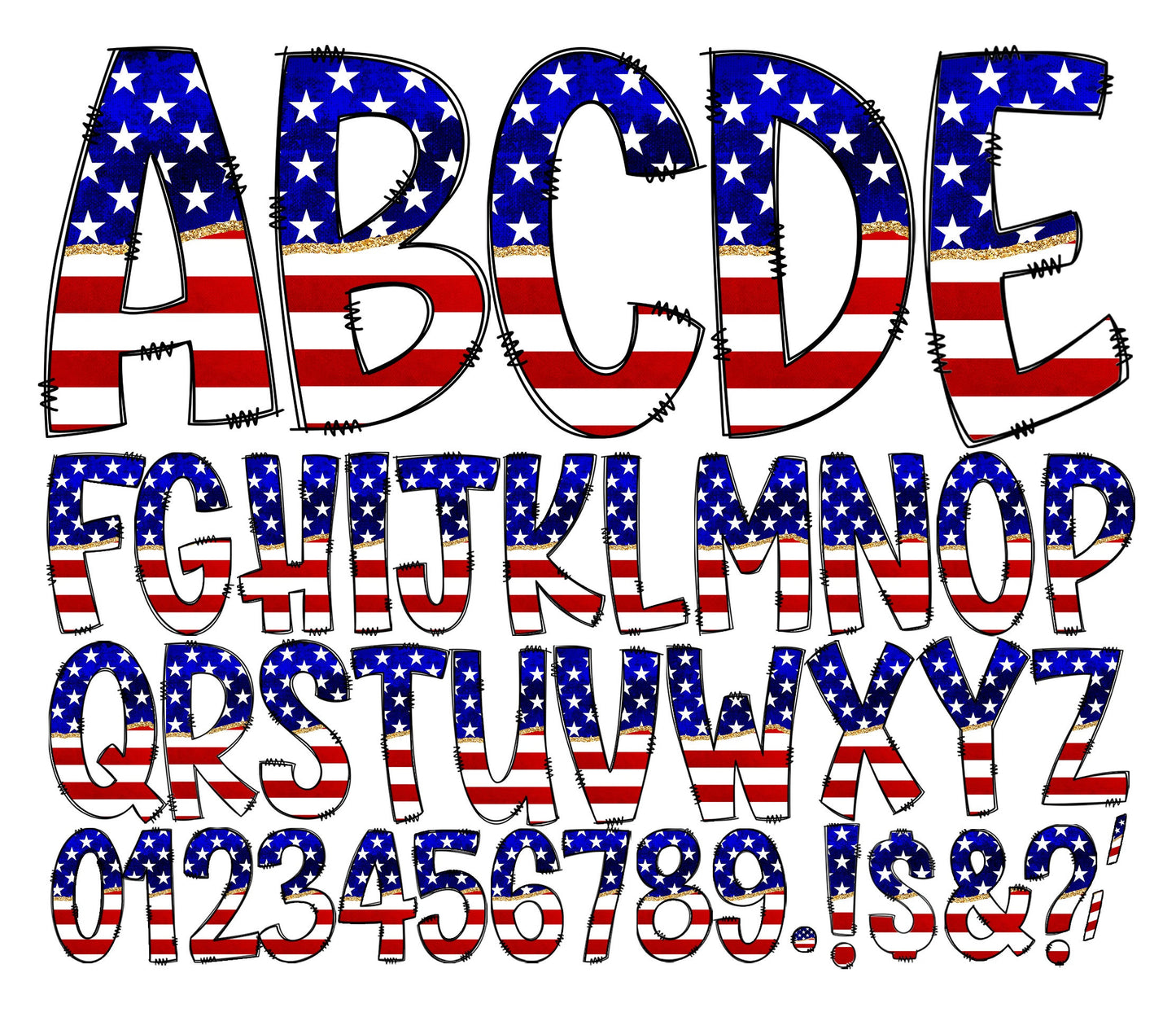 USA Flag Tumbler Wrap with Matching Doodle Letter Alphabet PNG, American Patriot Add your Own name 20oz Tumbler, Alpha Set PNG 105