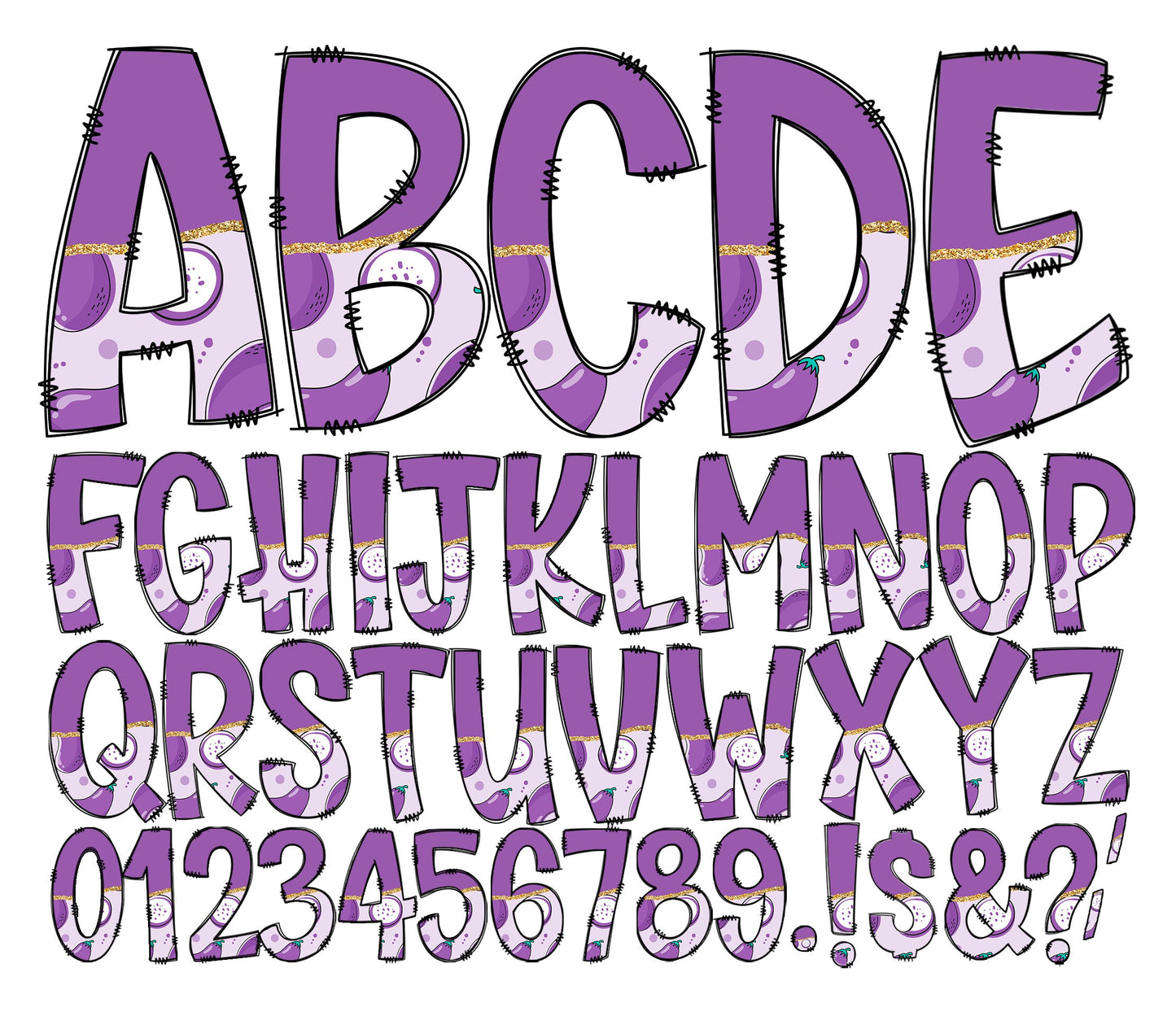 Purple Eggplant Tumbler Wrap with Matching Doodle Letter Alphabet PNG, Aesthetic Add your Own name 20oz Tumbler, Alpha Set PNG 189